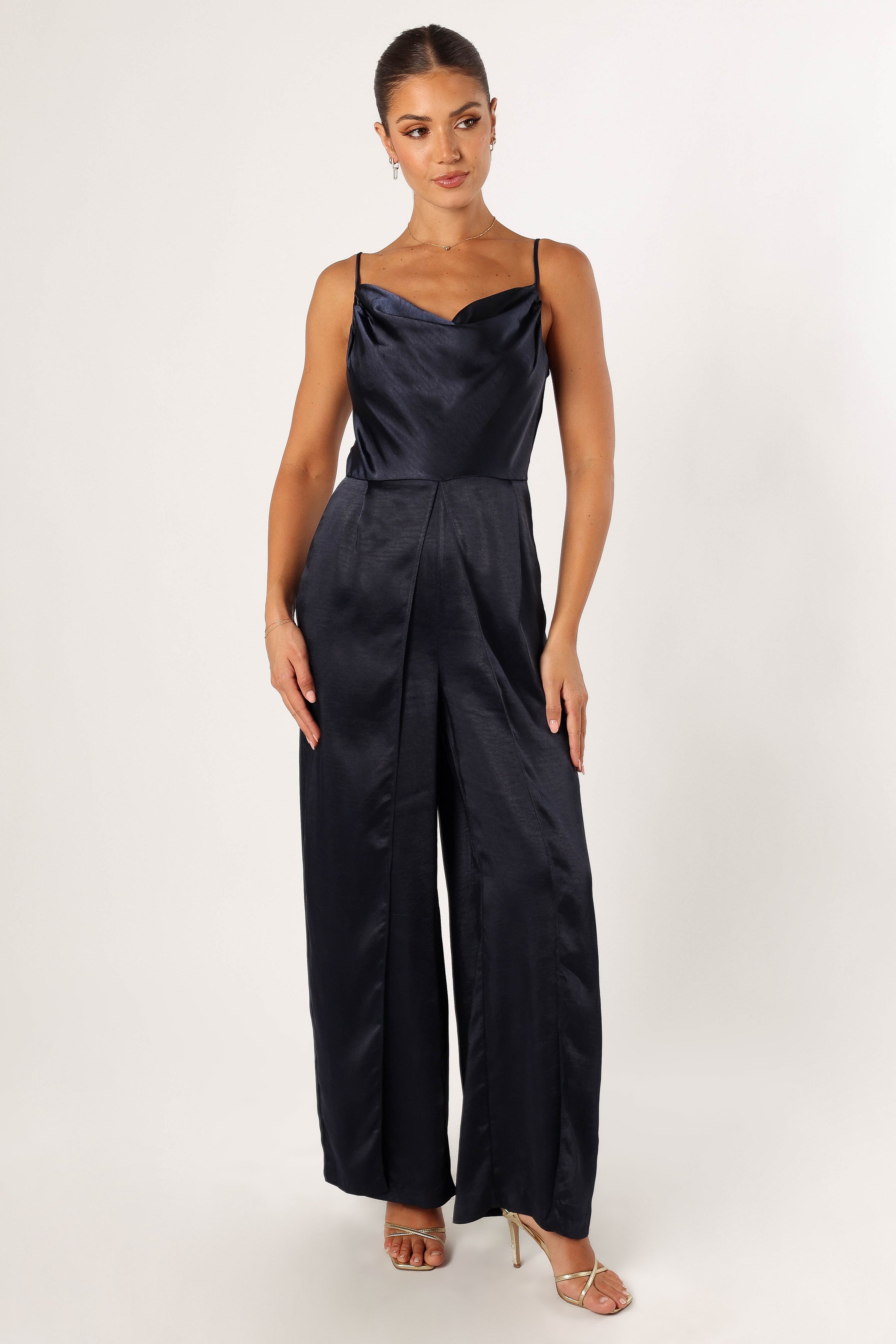 Women's Navy Satin Cowl Neck Jumpsuit with Wide Leg Pants