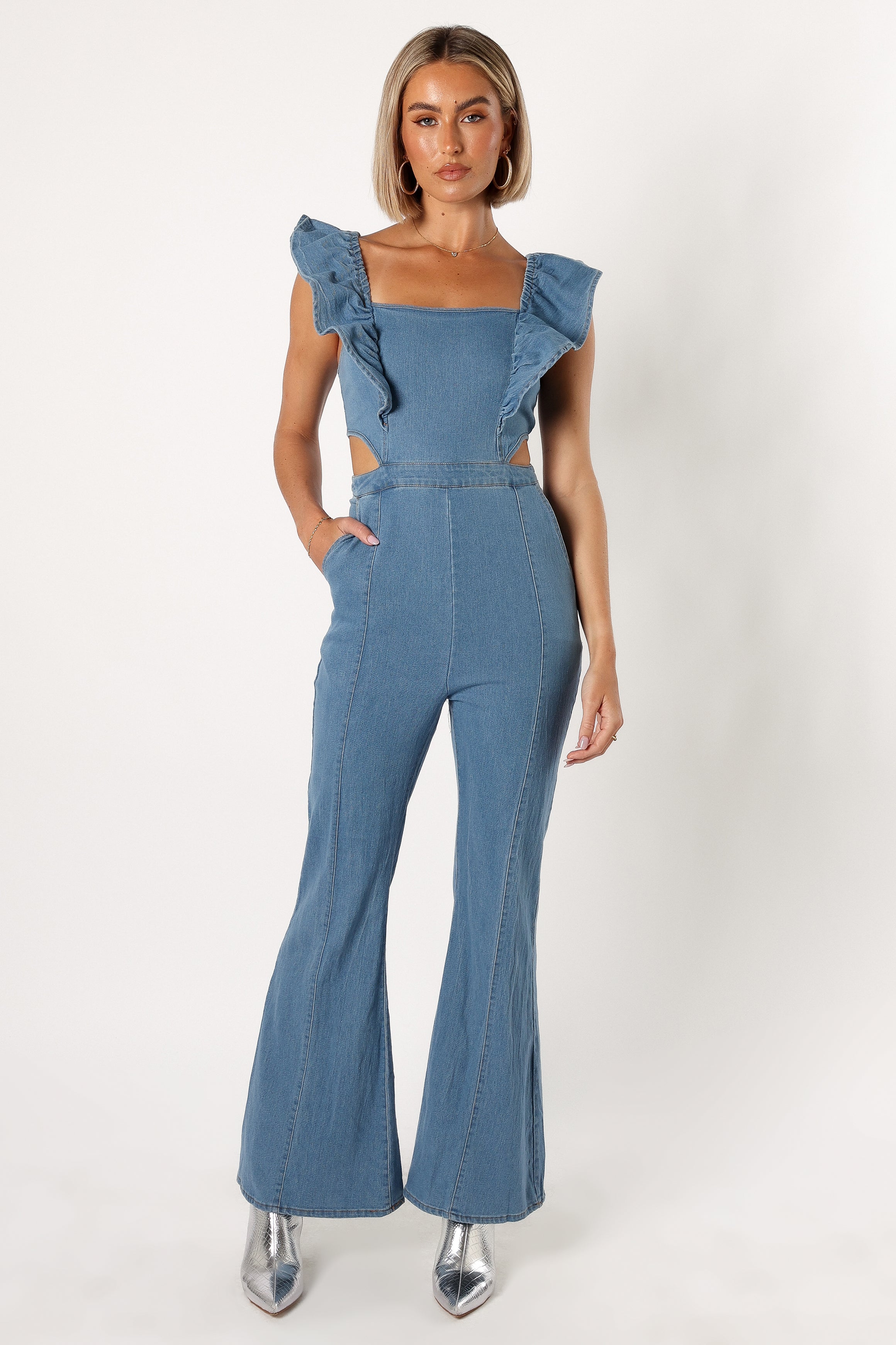Women's Denim Jumpsuit with Side Cut & Frill Neckline - Kimmie