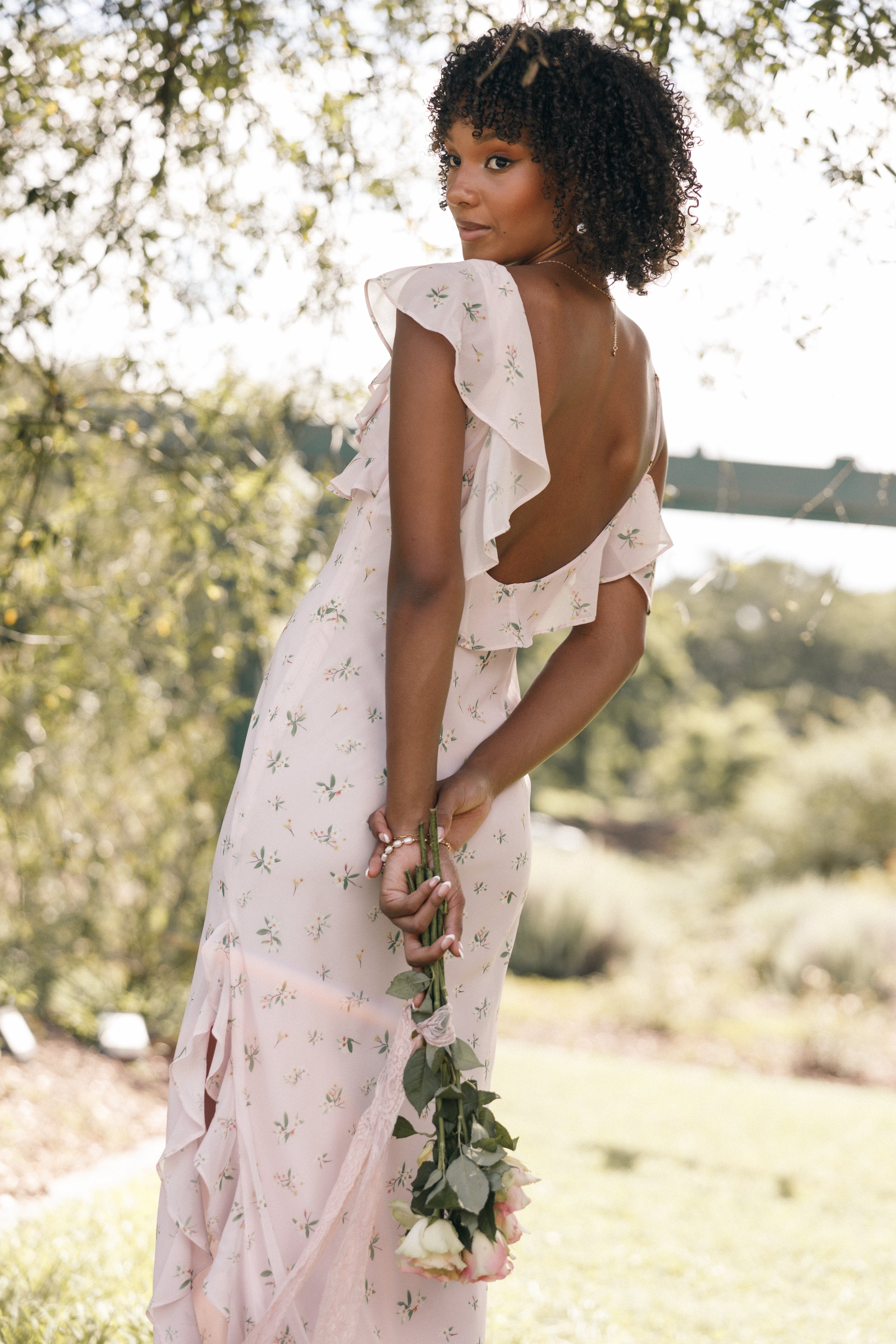 Chloe Floral Maxi Dress with V Neck & Ruffle Sleeveless Design