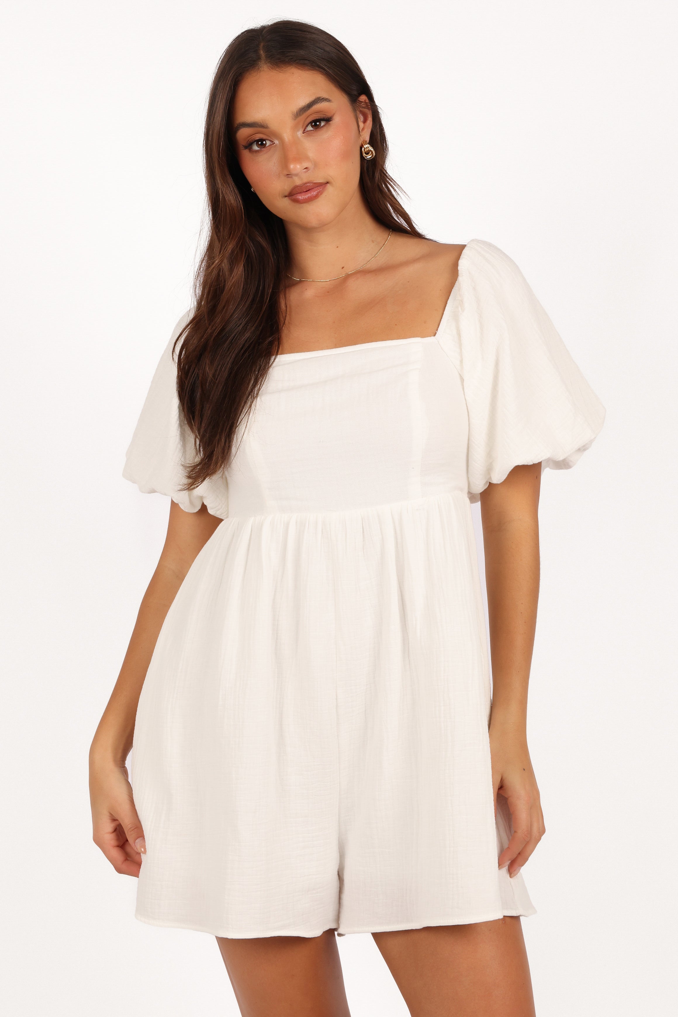 Women's White Cotton Romper with Pockets - Elise