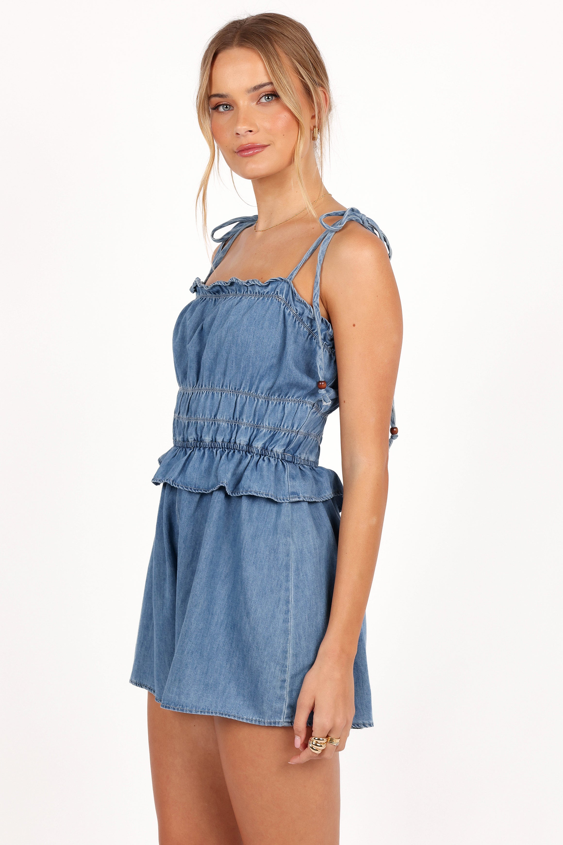Light Indigo Denim Romper with Adjustable Straps - Miller