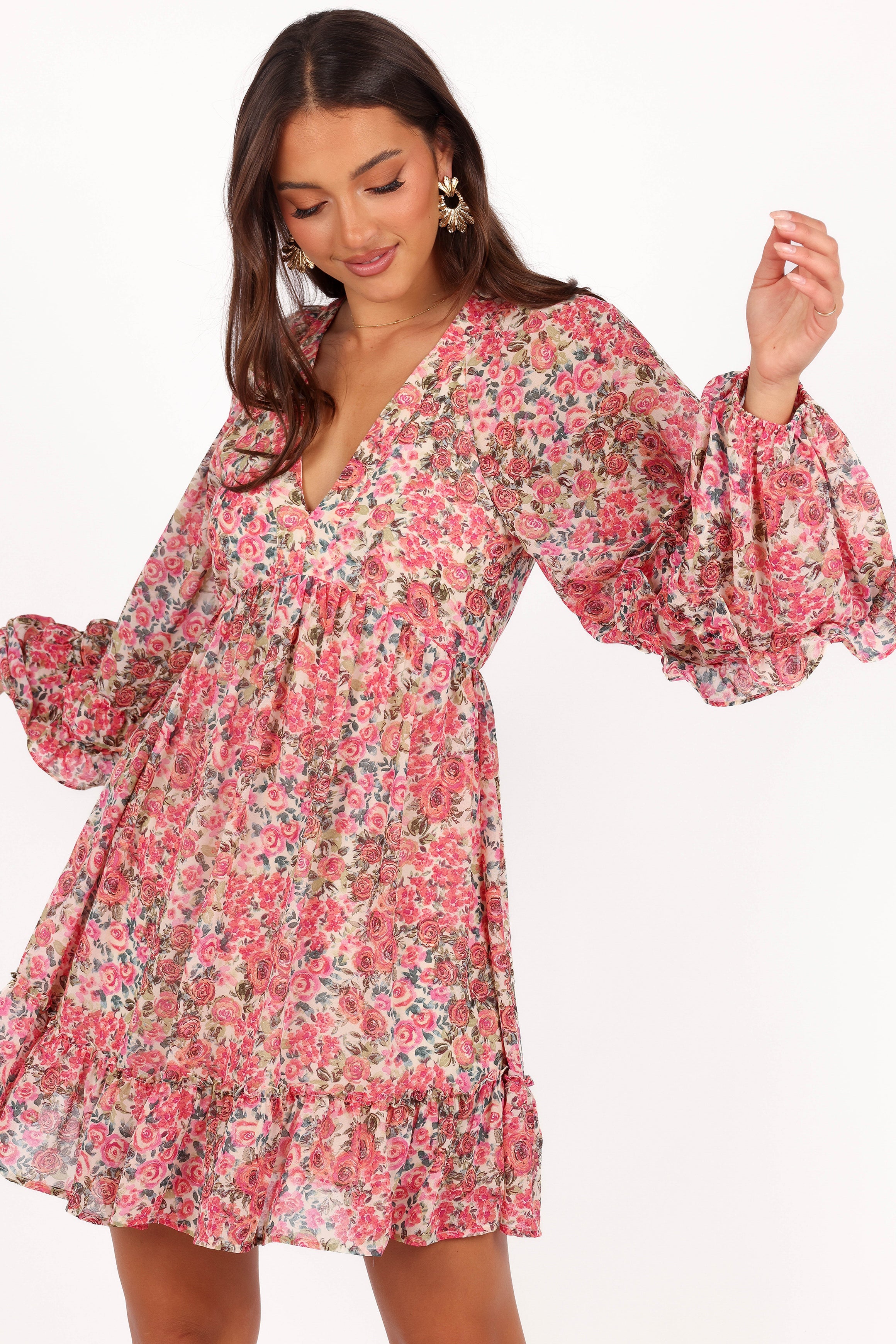 Floral Mini Dress with Long Sleeves & V-Neck - Reese Pink Dress