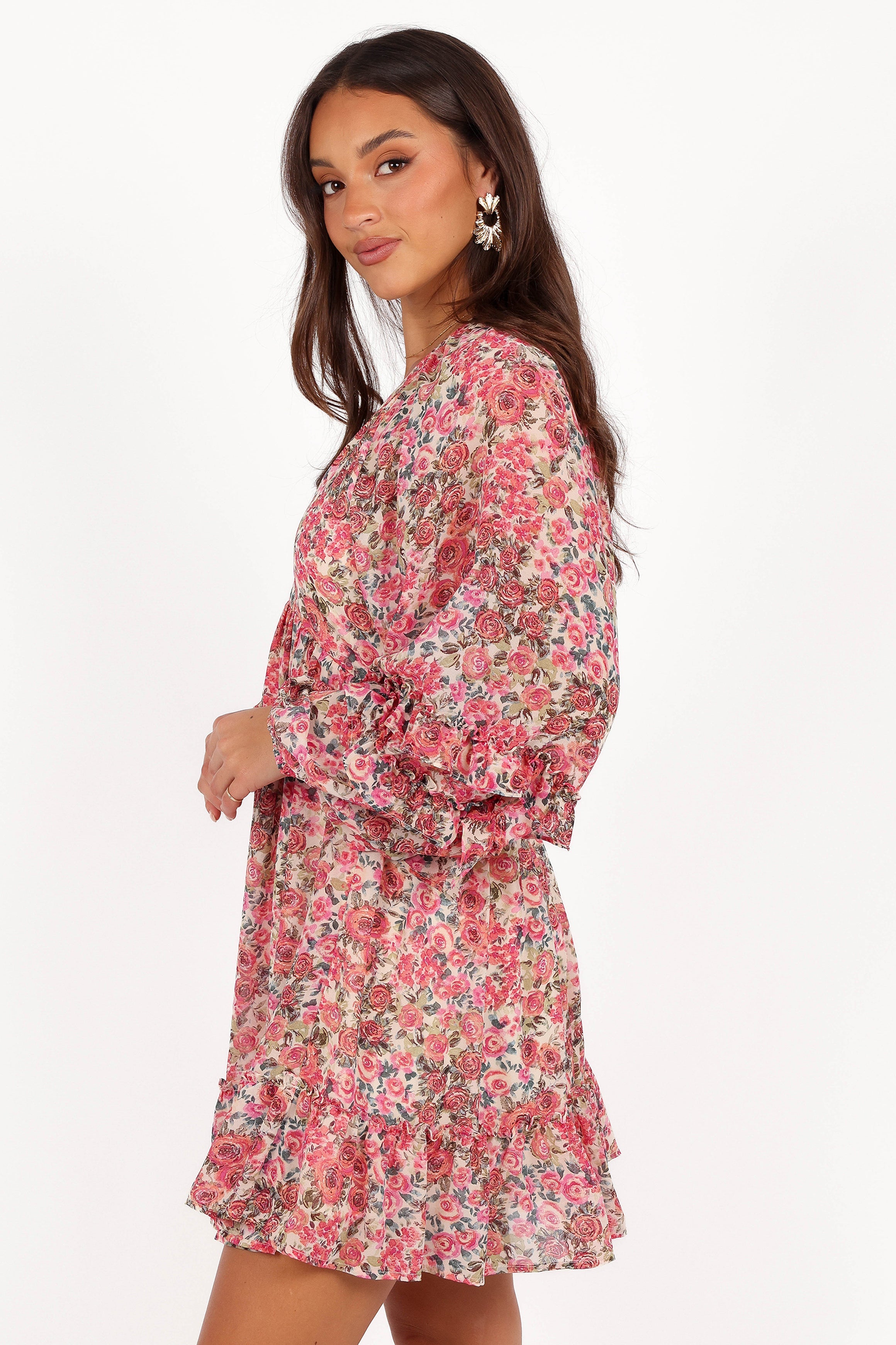 Floral Mini Dress with Long Sleeves & V-Neck - Reese Pink Dress