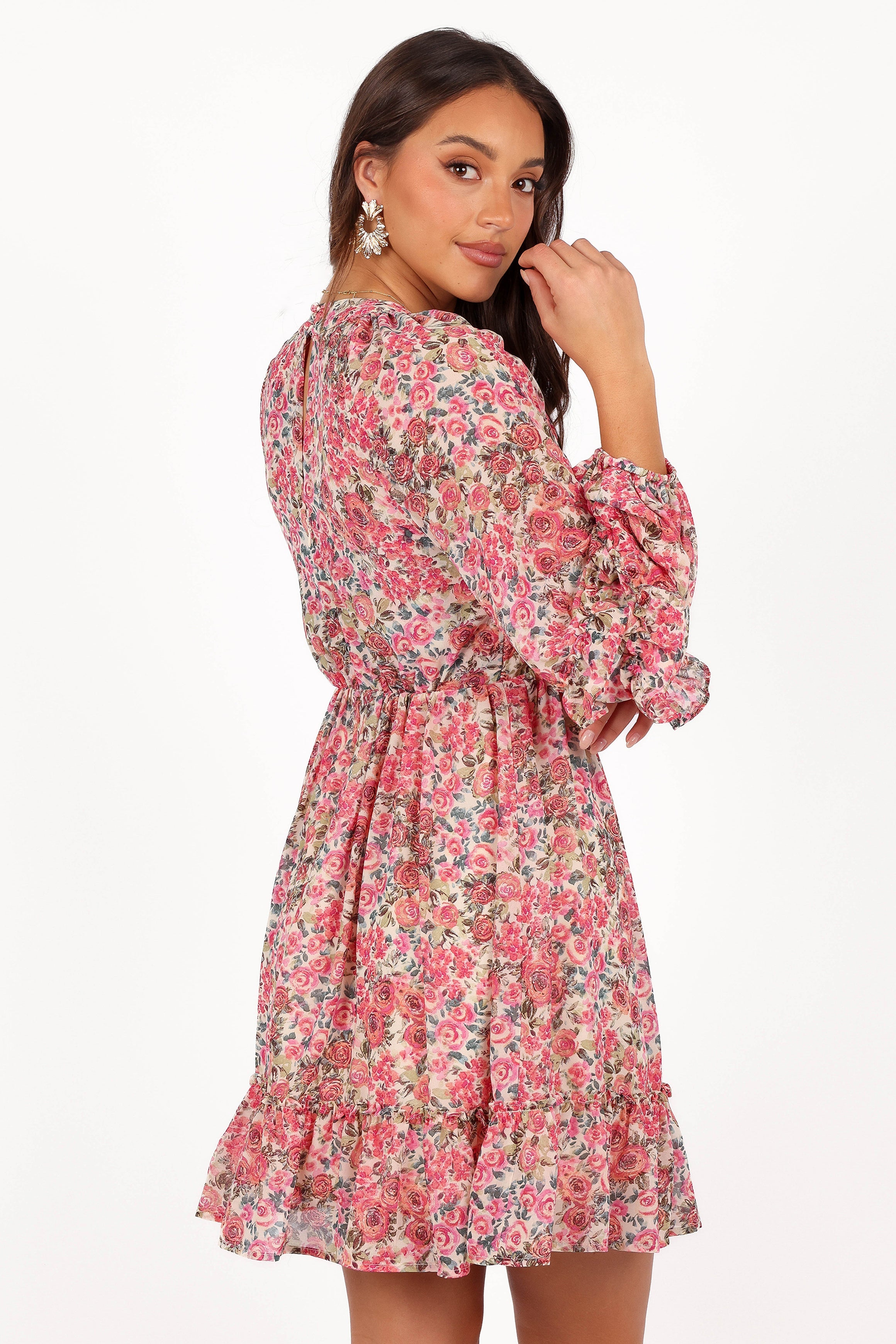 Floral Mini Dress with Long Sleeves & V-Neck - Reese Pink Dress