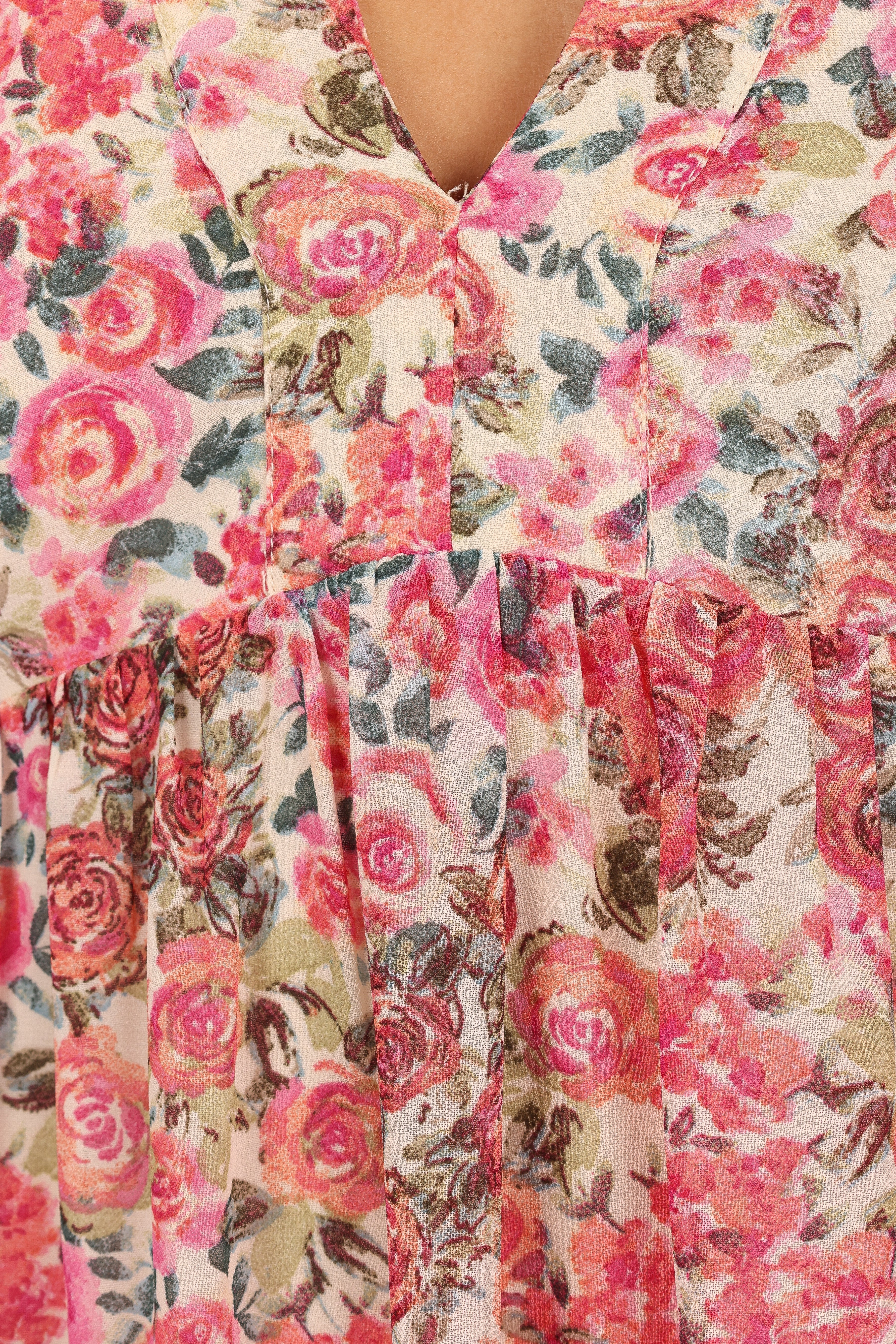 Floral Mini Dress with Long Sleeves & V-Neck - Reese Pink Dress
