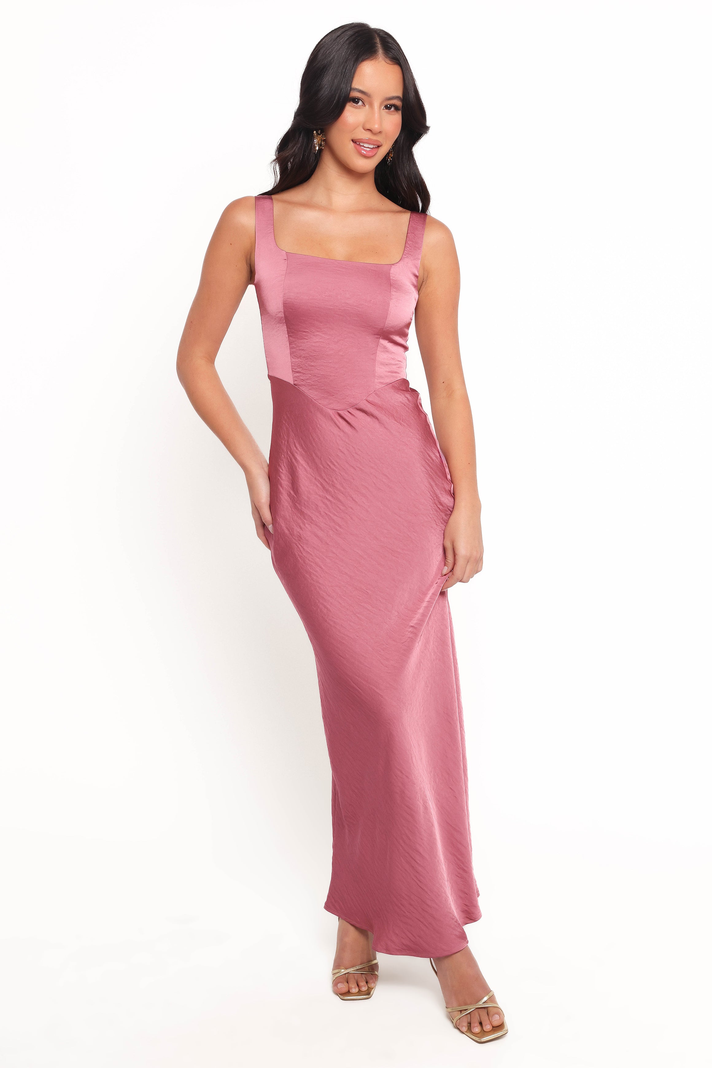 Emile Rose Satin Midi Dress with Square Neckline & Tie Straps