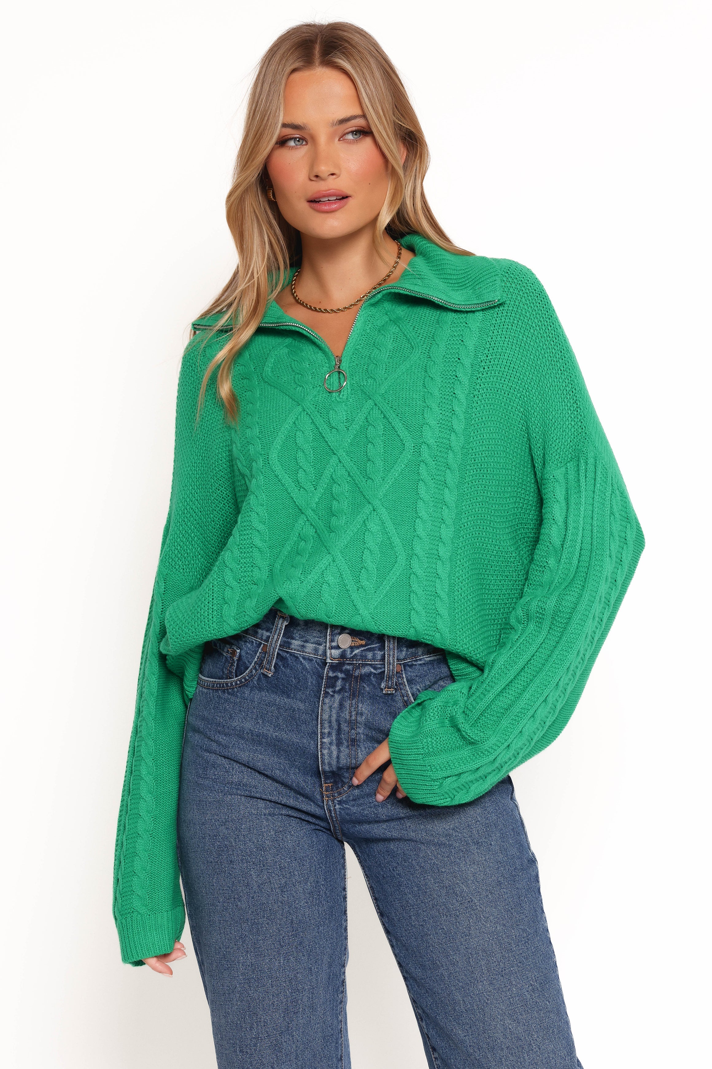 Men's Green Cable Knit Quarter Zip Sweater - Leon