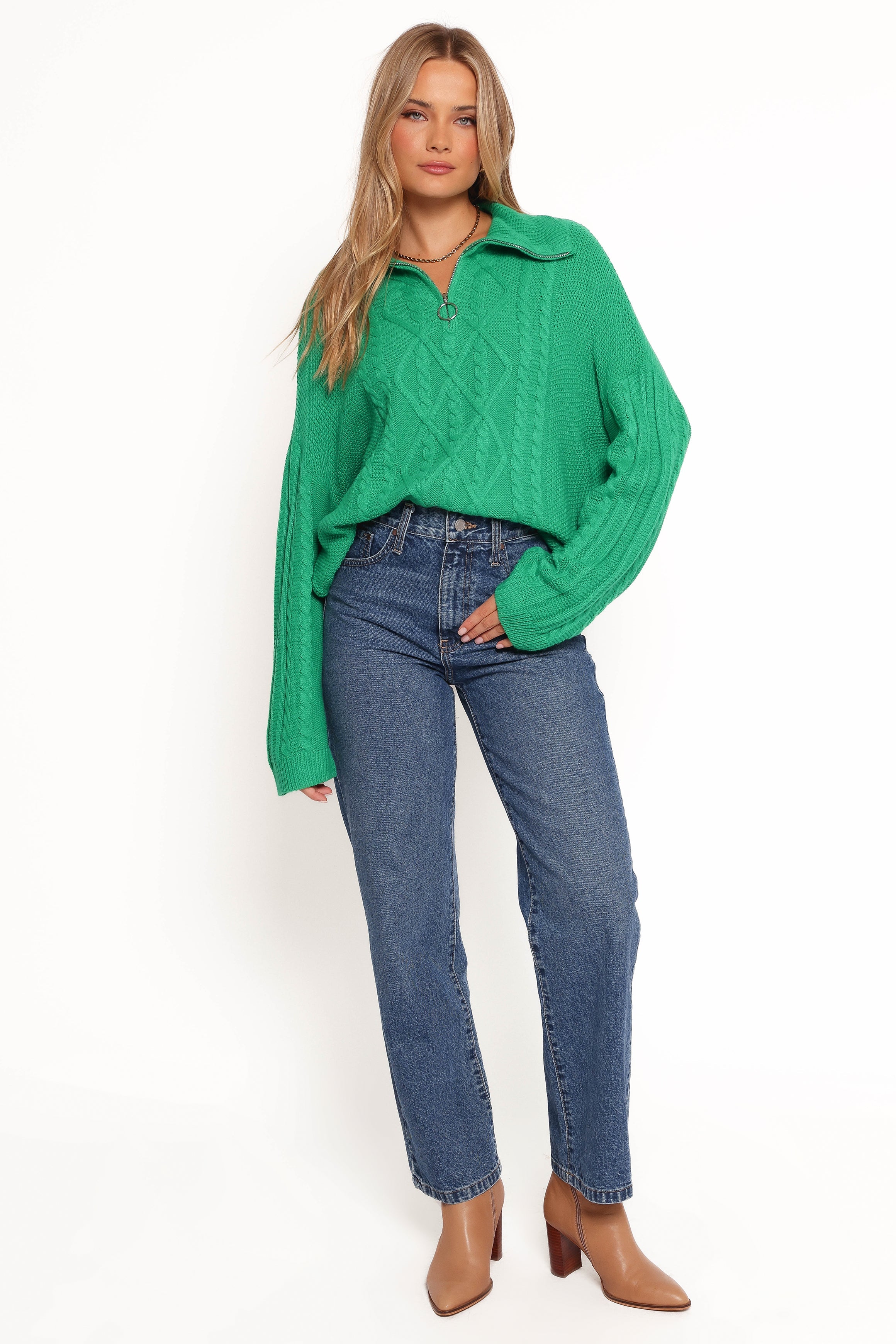 Men's Green Cable Knit Quarter Zip Sweater - Leon