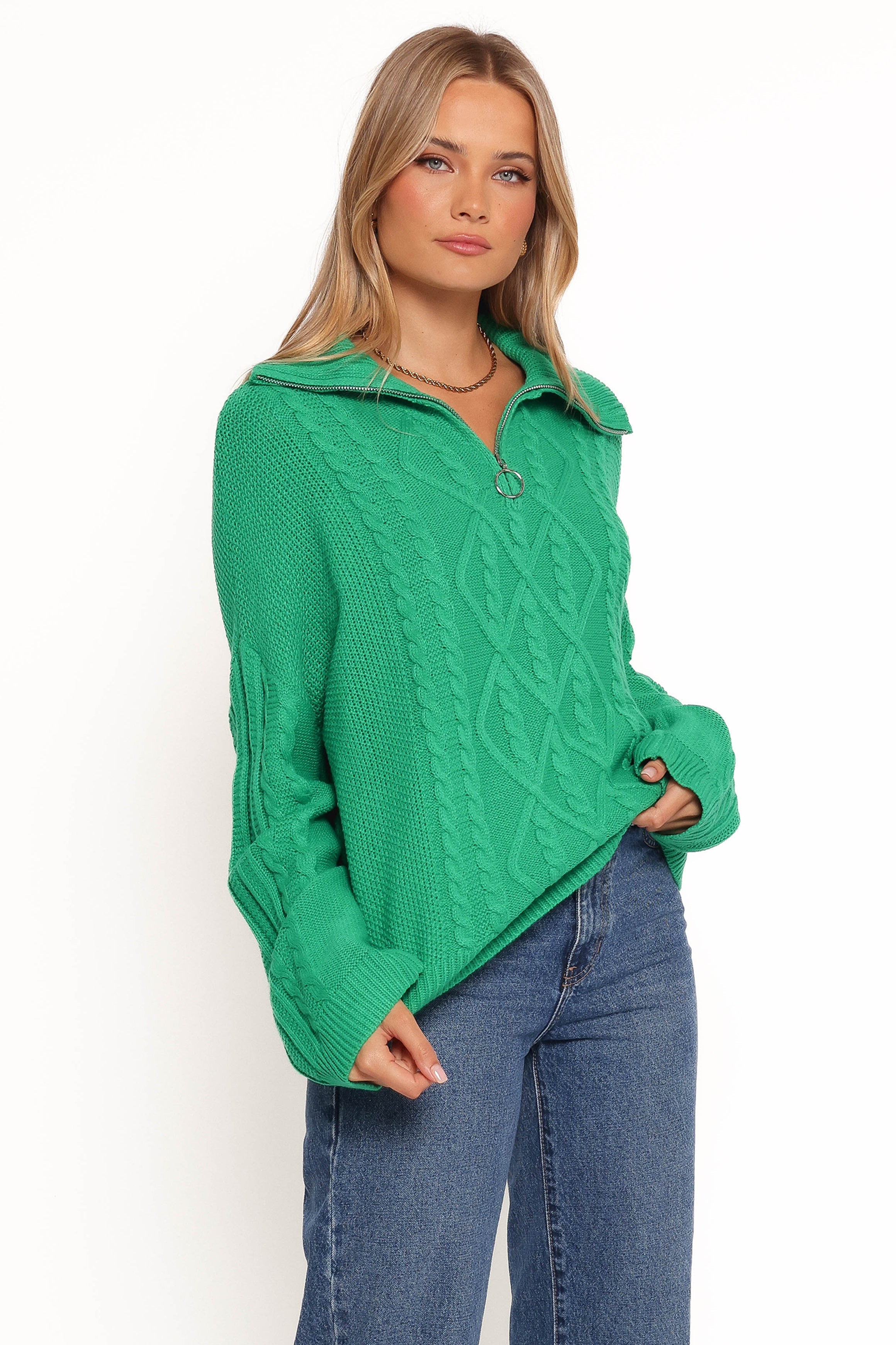 Men's Green Cable Knit Quarter Zip Sweater - Leon