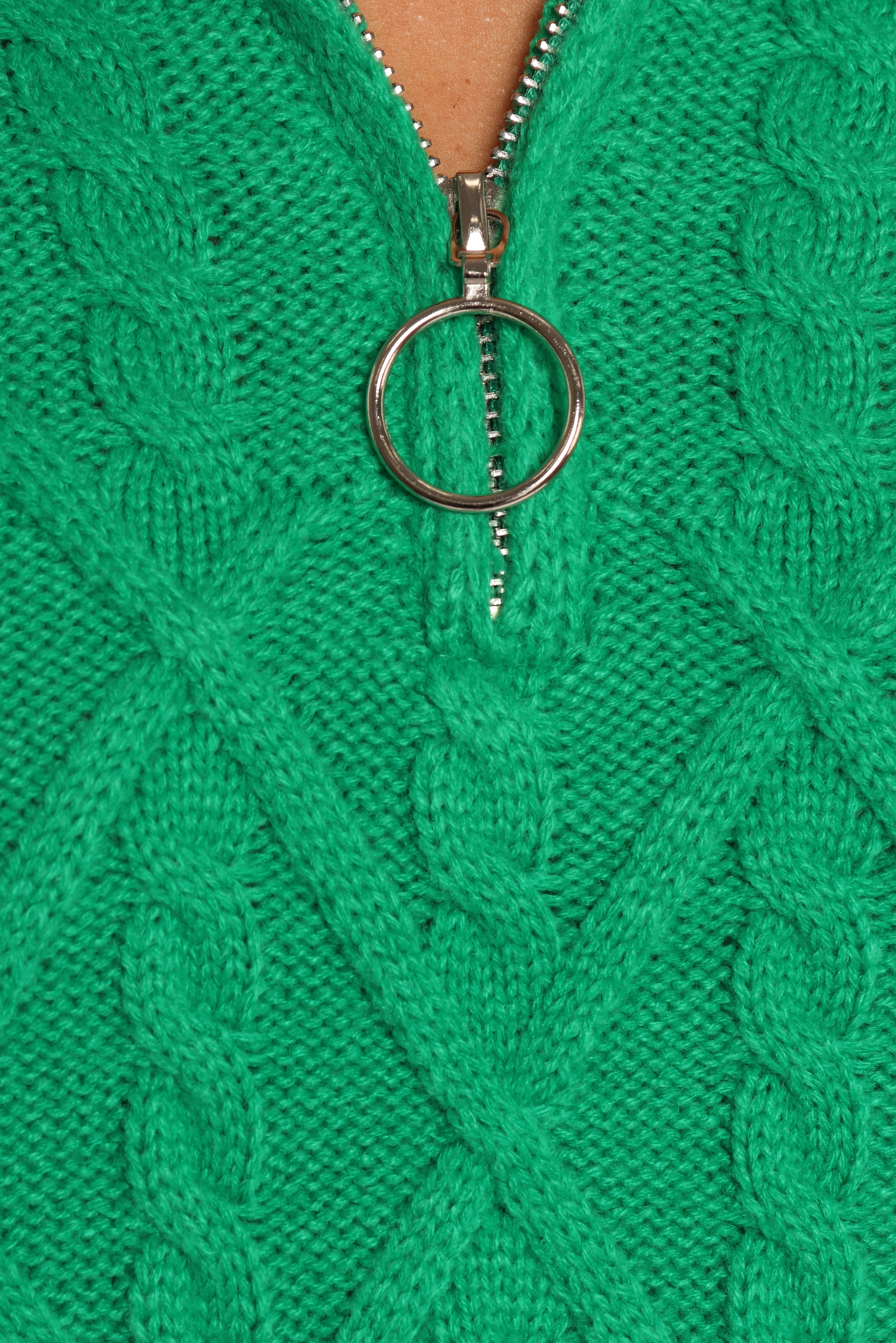 Men's Green Cable Knit Quarter Zip Sweater - Leon