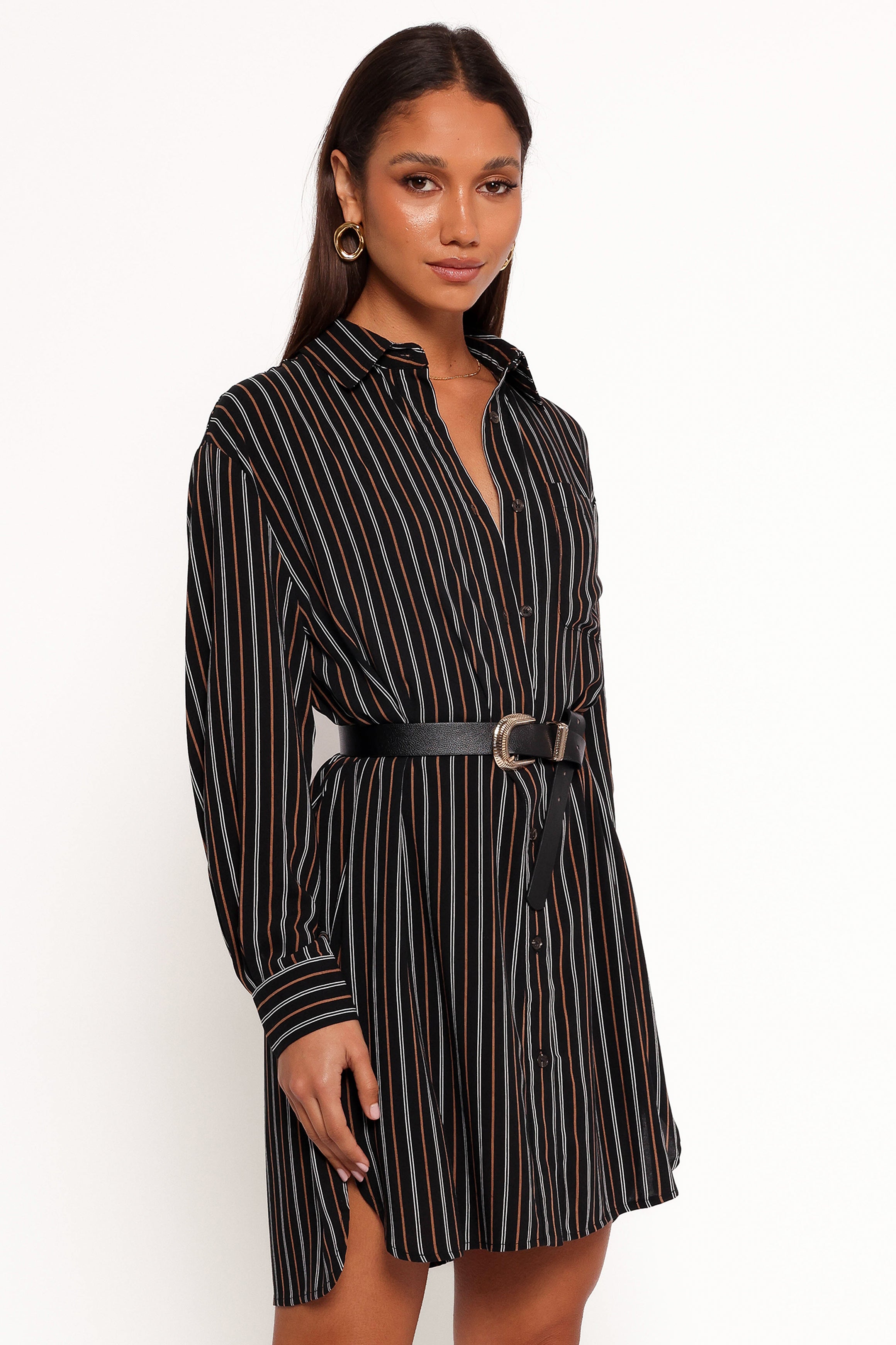 Black Camel Striped Shirt Dress - Collared Long Sleeve Rayon