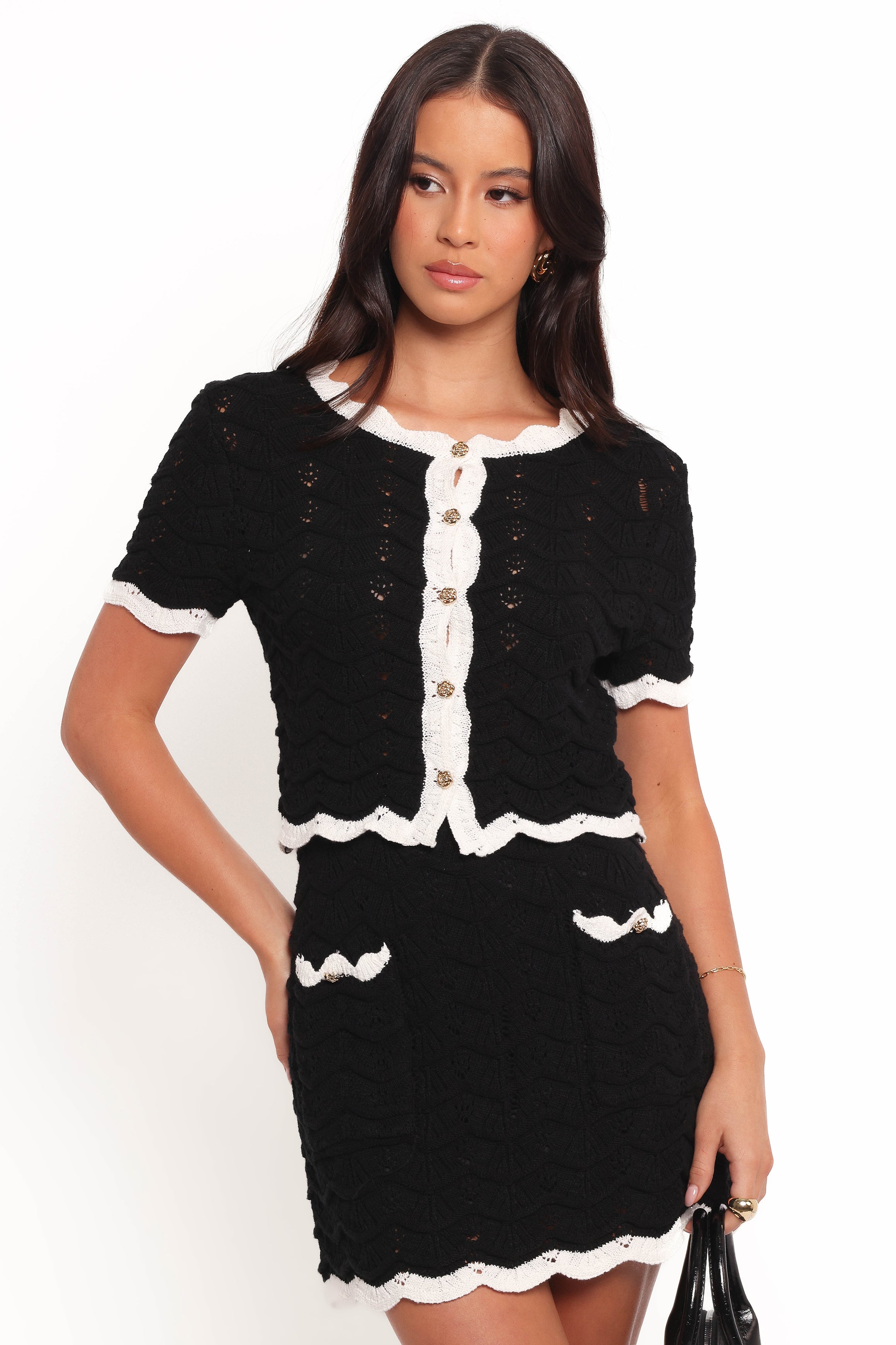 Black Knit Skirt Set with Crochet Detail - Madalyn