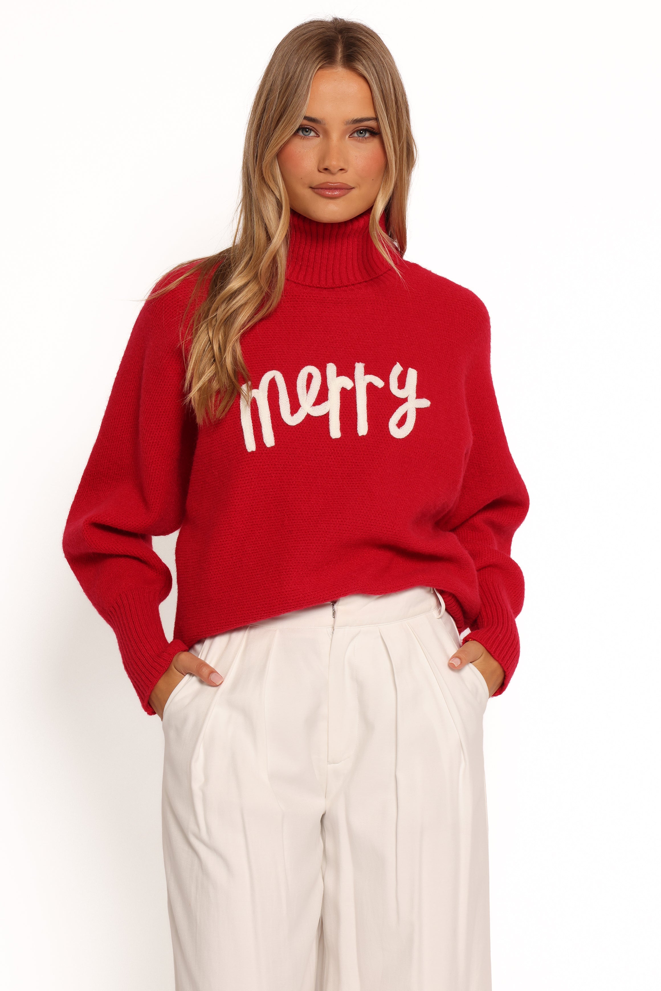 Red White Christmas Turtleneck Sweater - Cozy Knit Holiday Pullover