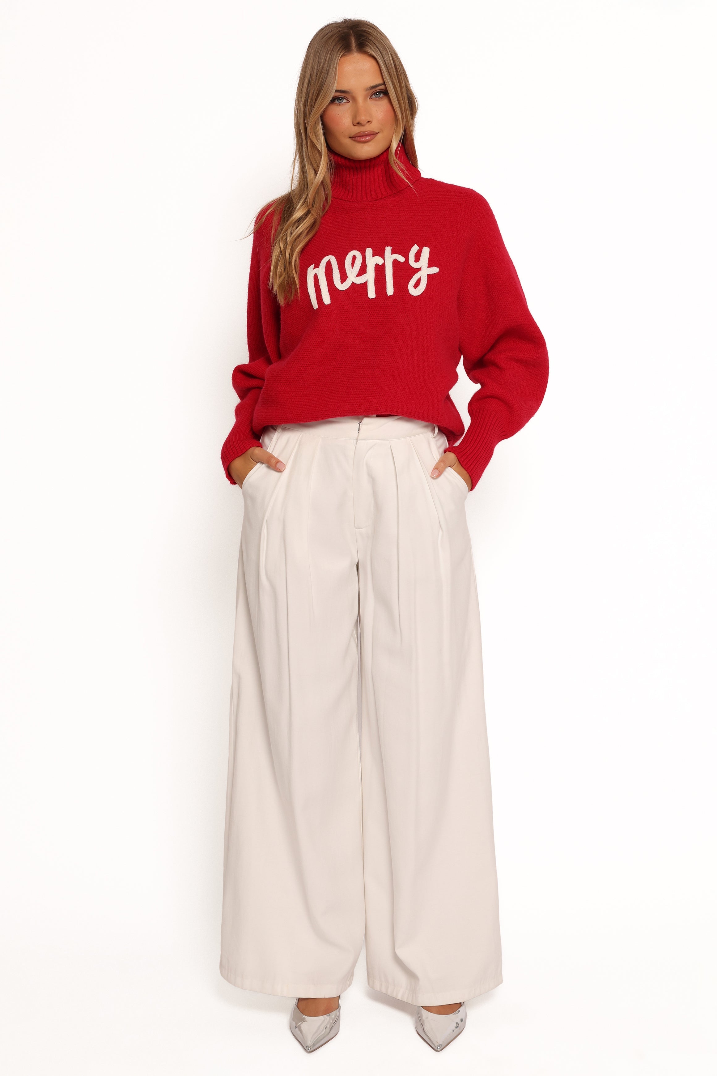 Red White Christmas Turtleneck Sweater - Cozy Knit Holiday Pullover