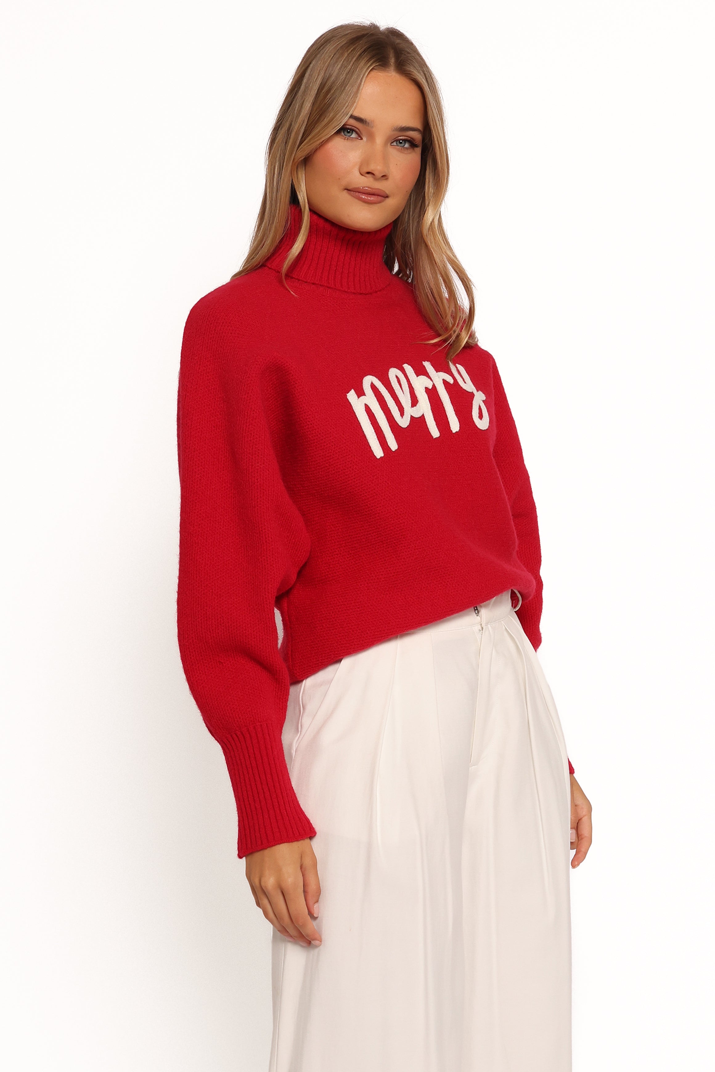 Red White Christmas Turtleneck Sweater - Cozy Knit Holiday Pullover