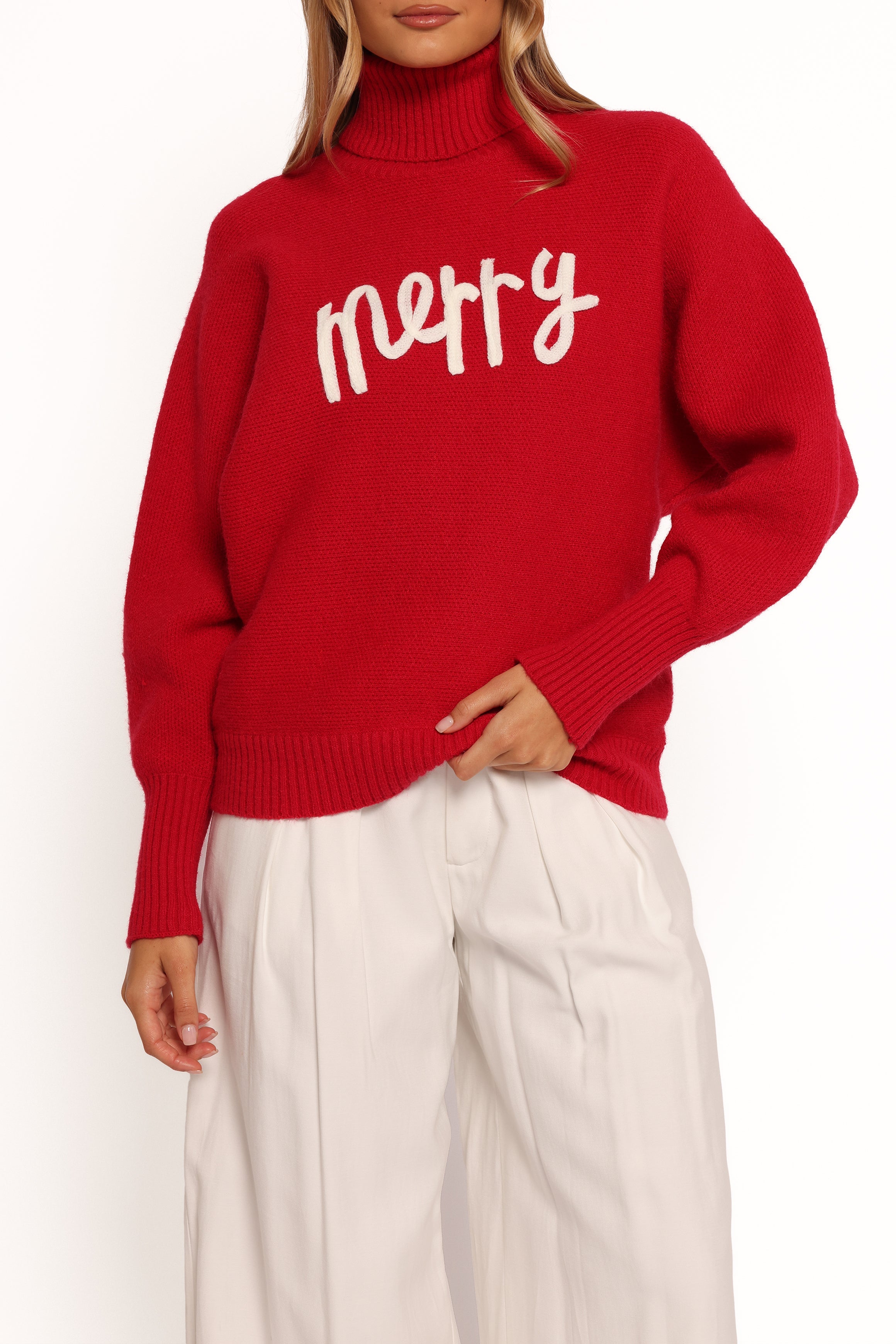 Red White Christmas Turtleneck Sweater - Cozy Knit Holiday Pullover