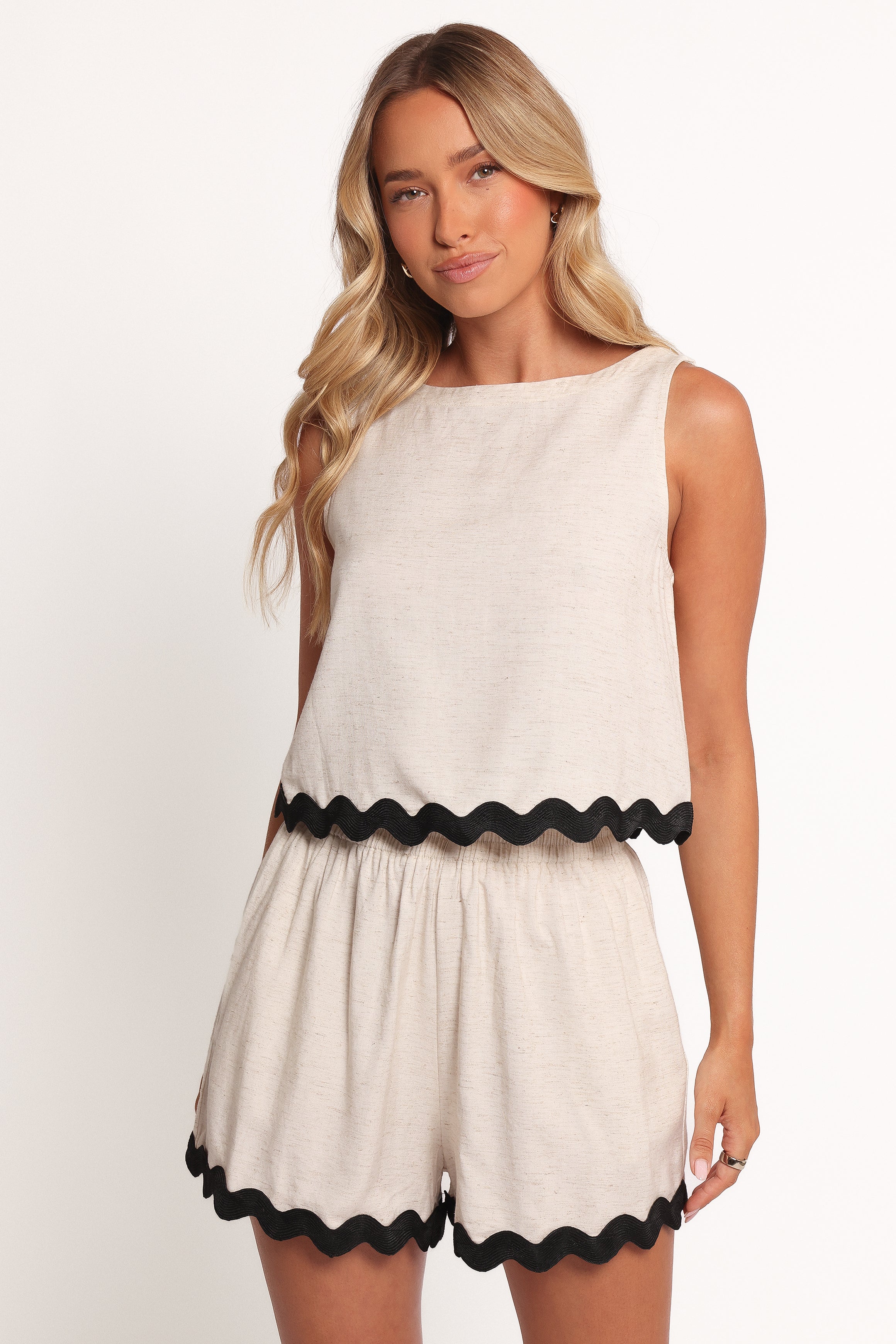 Women's Katy Linen Short Set - Cream & Black Cropped Top with Pockets