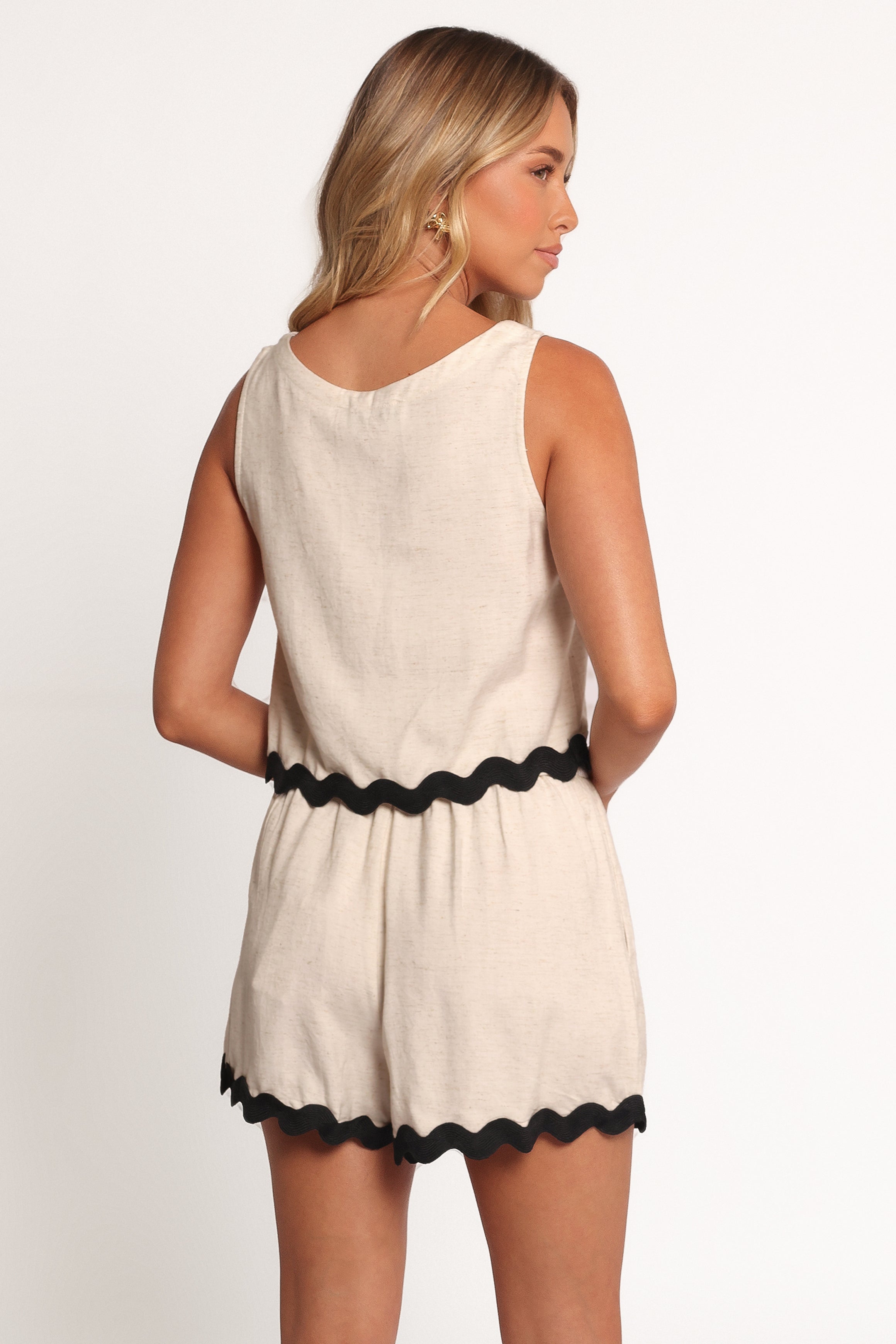 Women's Katy Linen Short Set - Cream & Black Cropped Top with Pockets