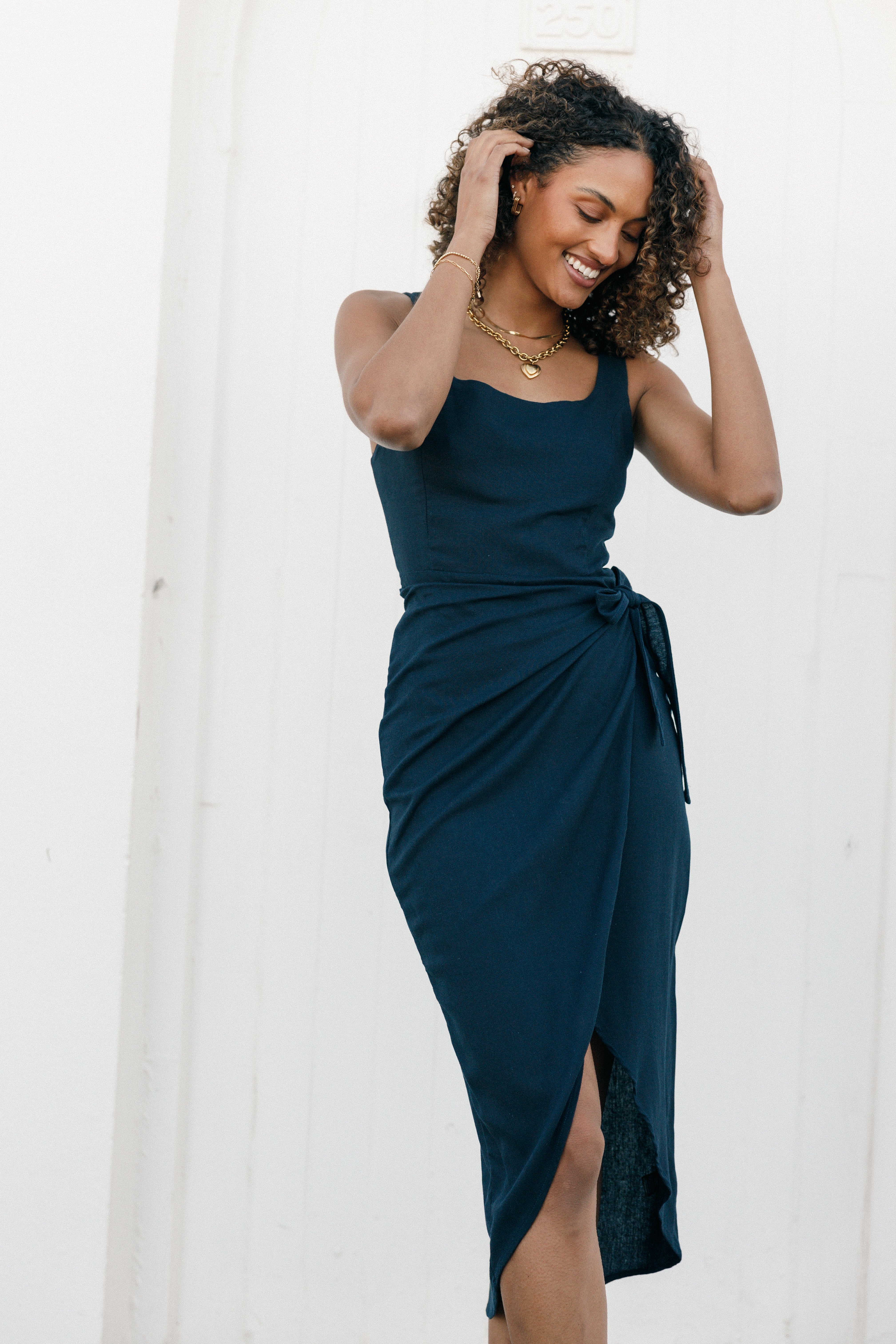 Navy Linen Wrap Midi Dress with Side Tie - Misty