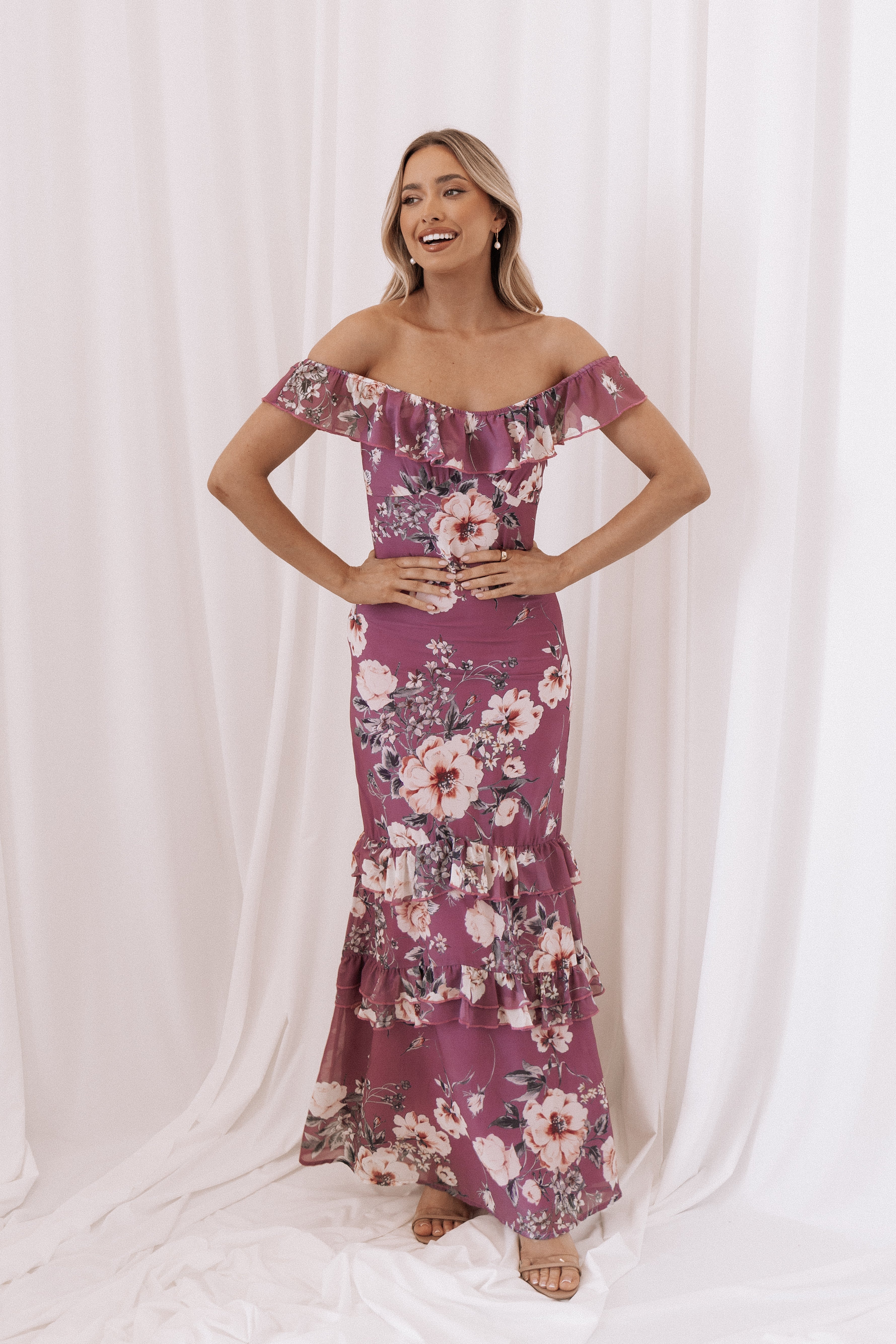 Irelynn Floral Maxi Dress with Ruffle Neckline - Dark Rose