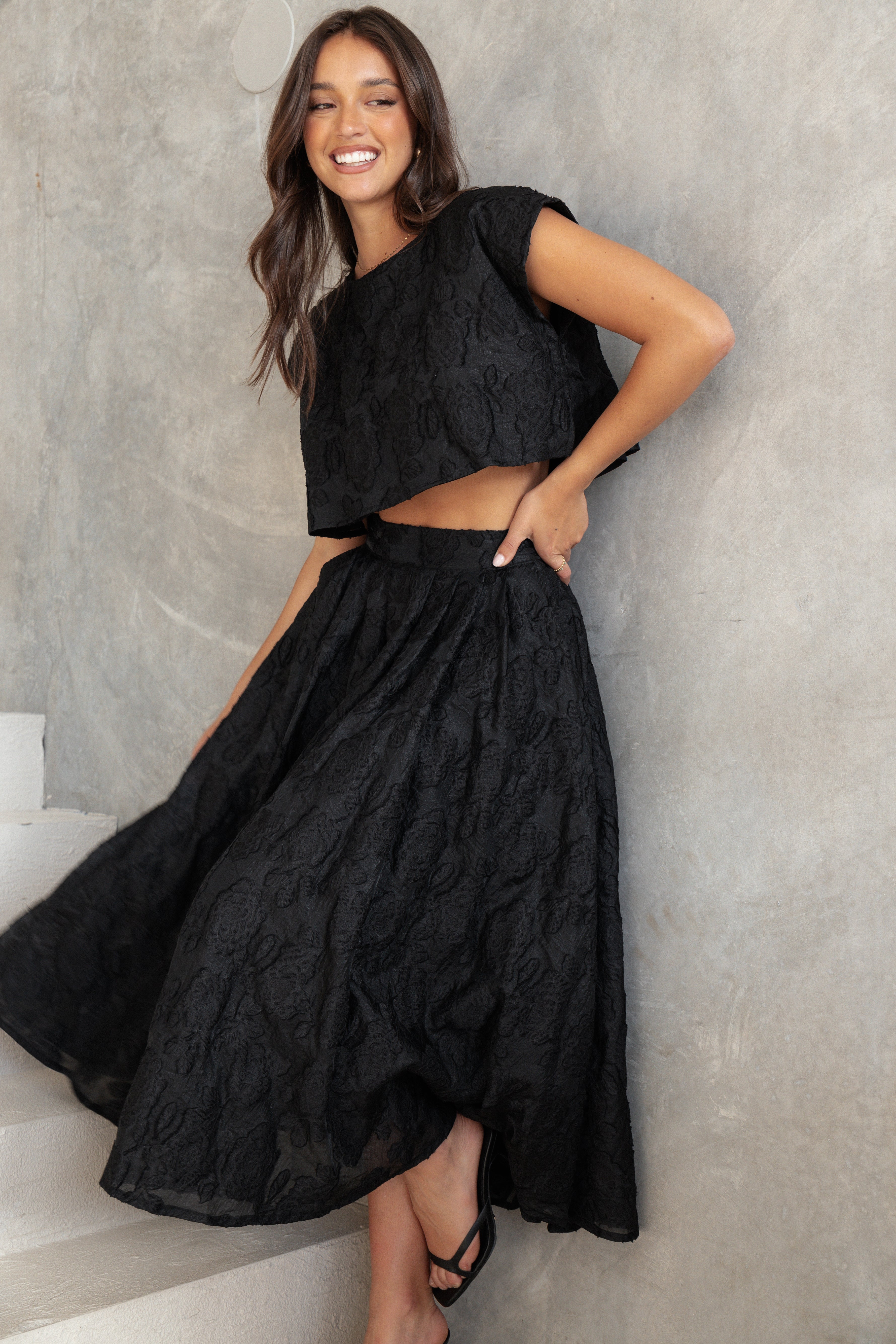 Beckham Black Women's Two Piece Set with Embroidery & A-Line Skirt