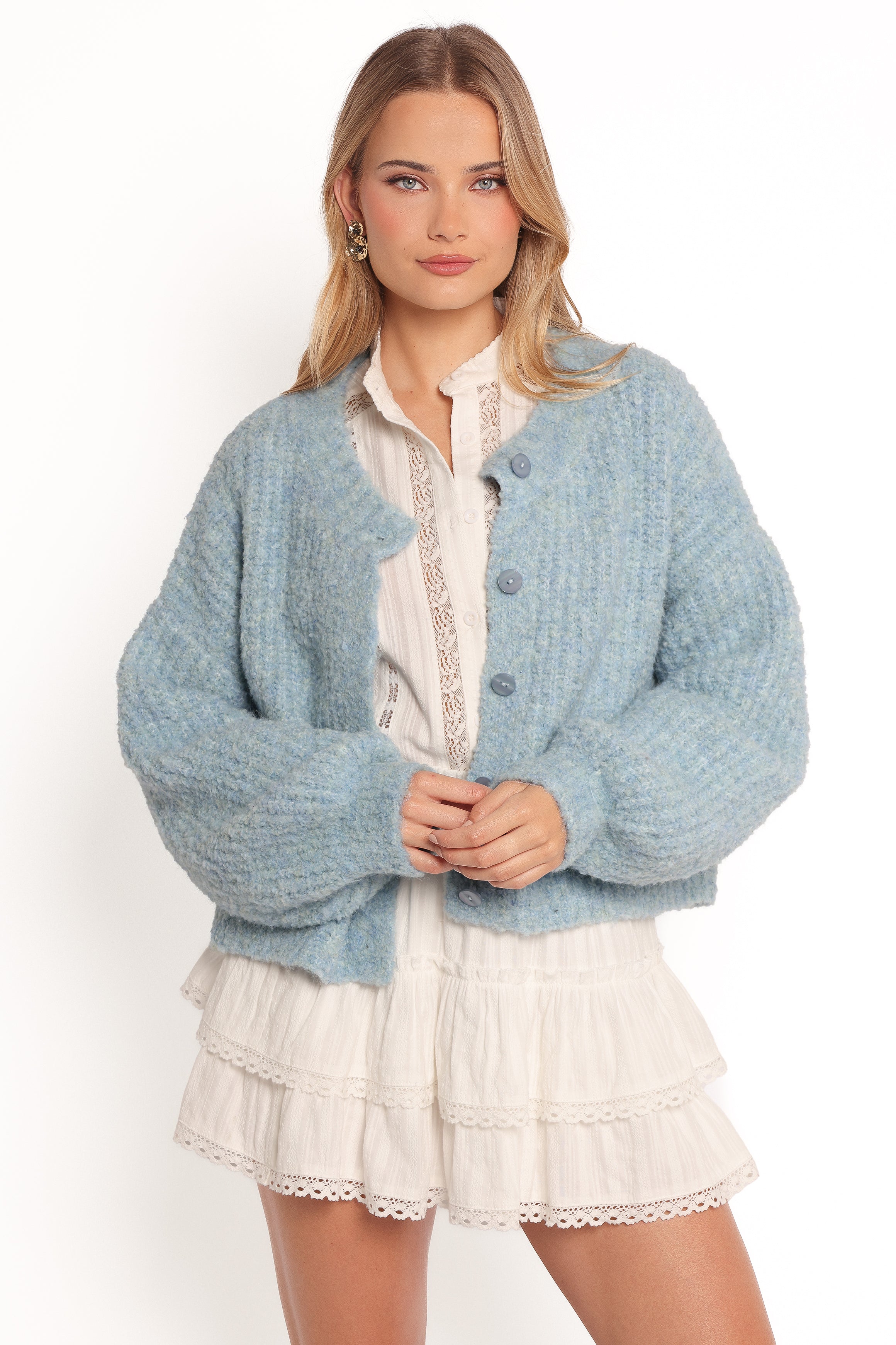 Women's Blue Albertine Cardigan - Crop Length & Button Front