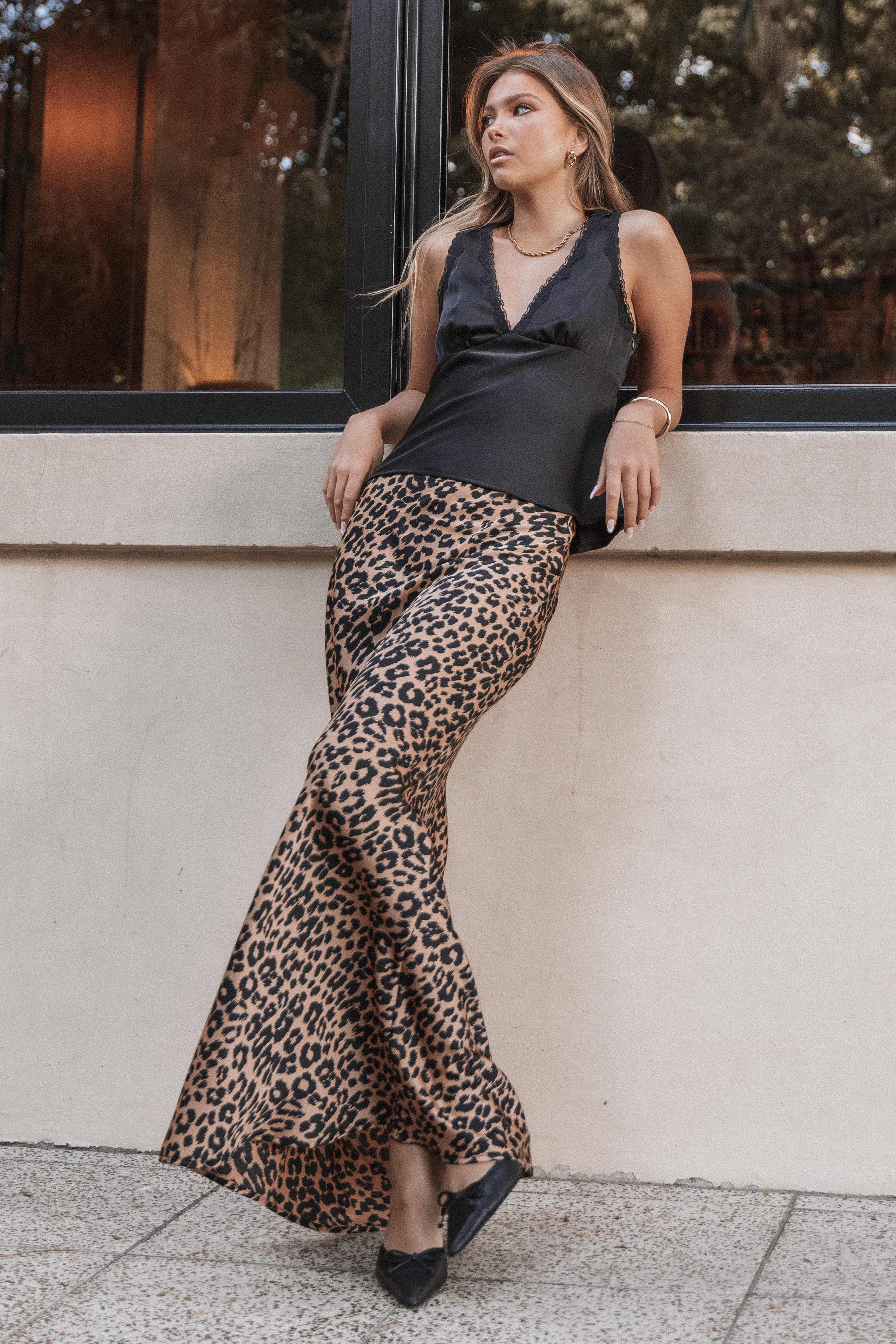 Black Satin Sheen V-Neck Top with Lace Detail - Kelso