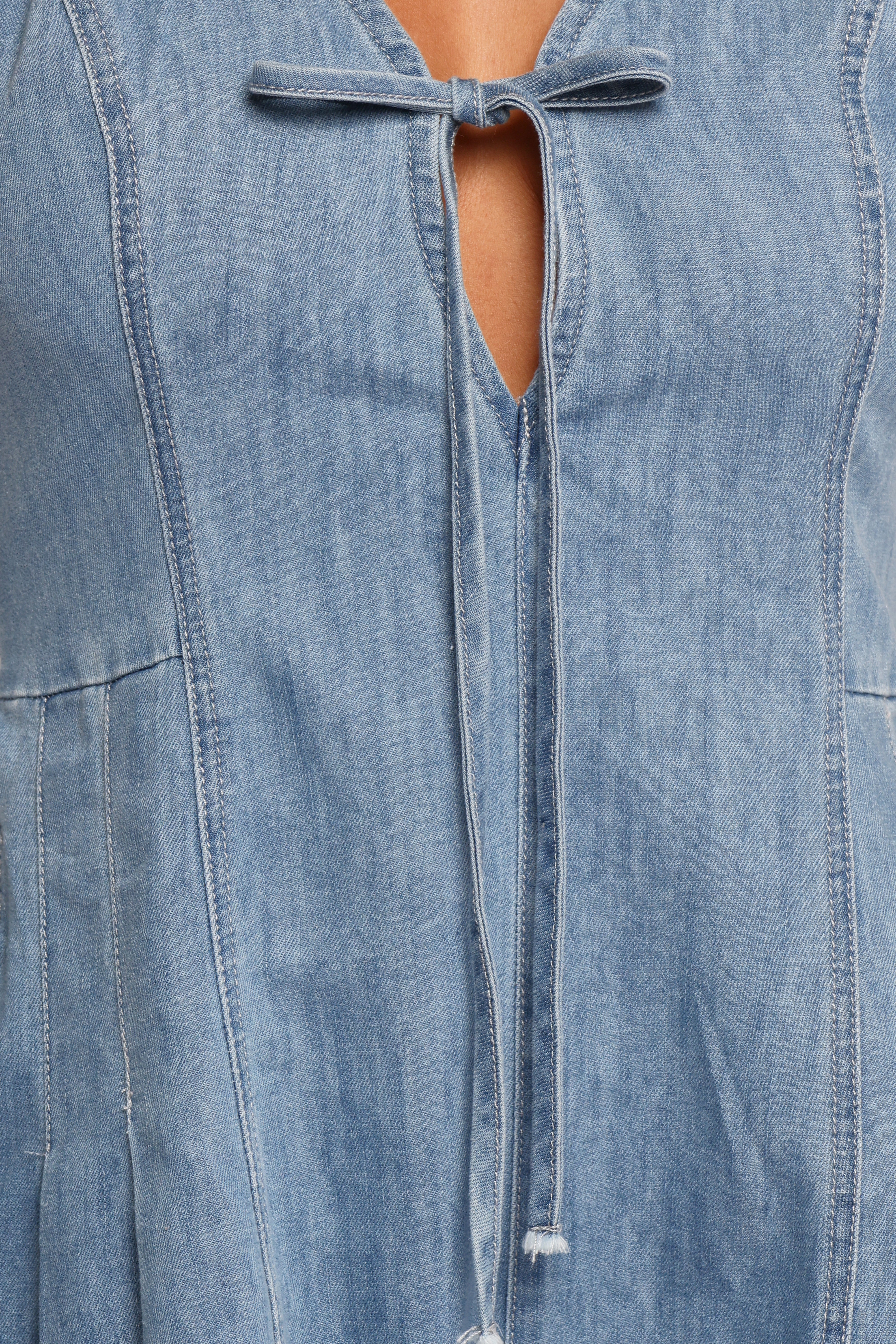 Light Denim Cedar Romper with V-Neck & Pockets