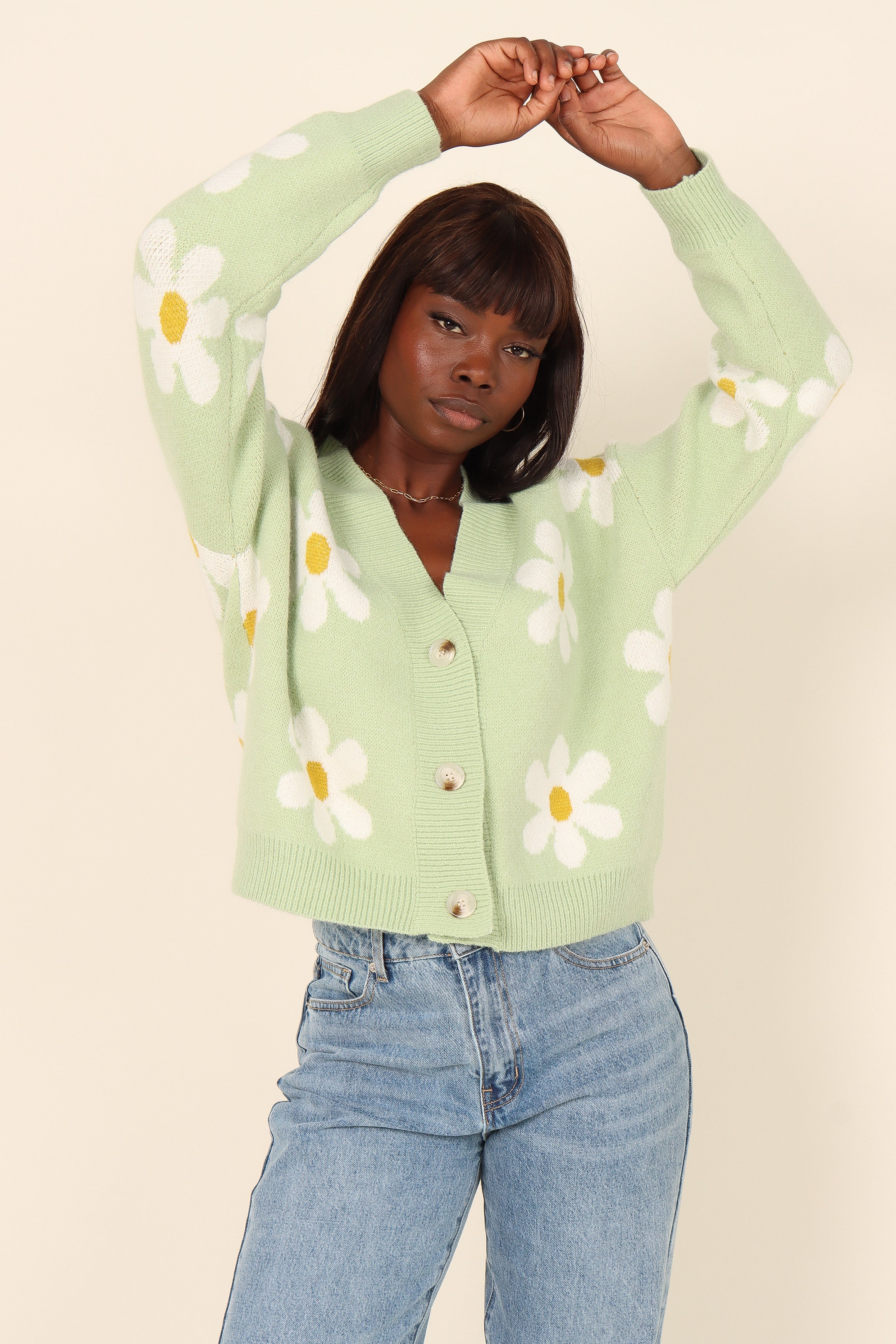 Green Cropped Daisy Print Cardigan - V-Neck Button Front