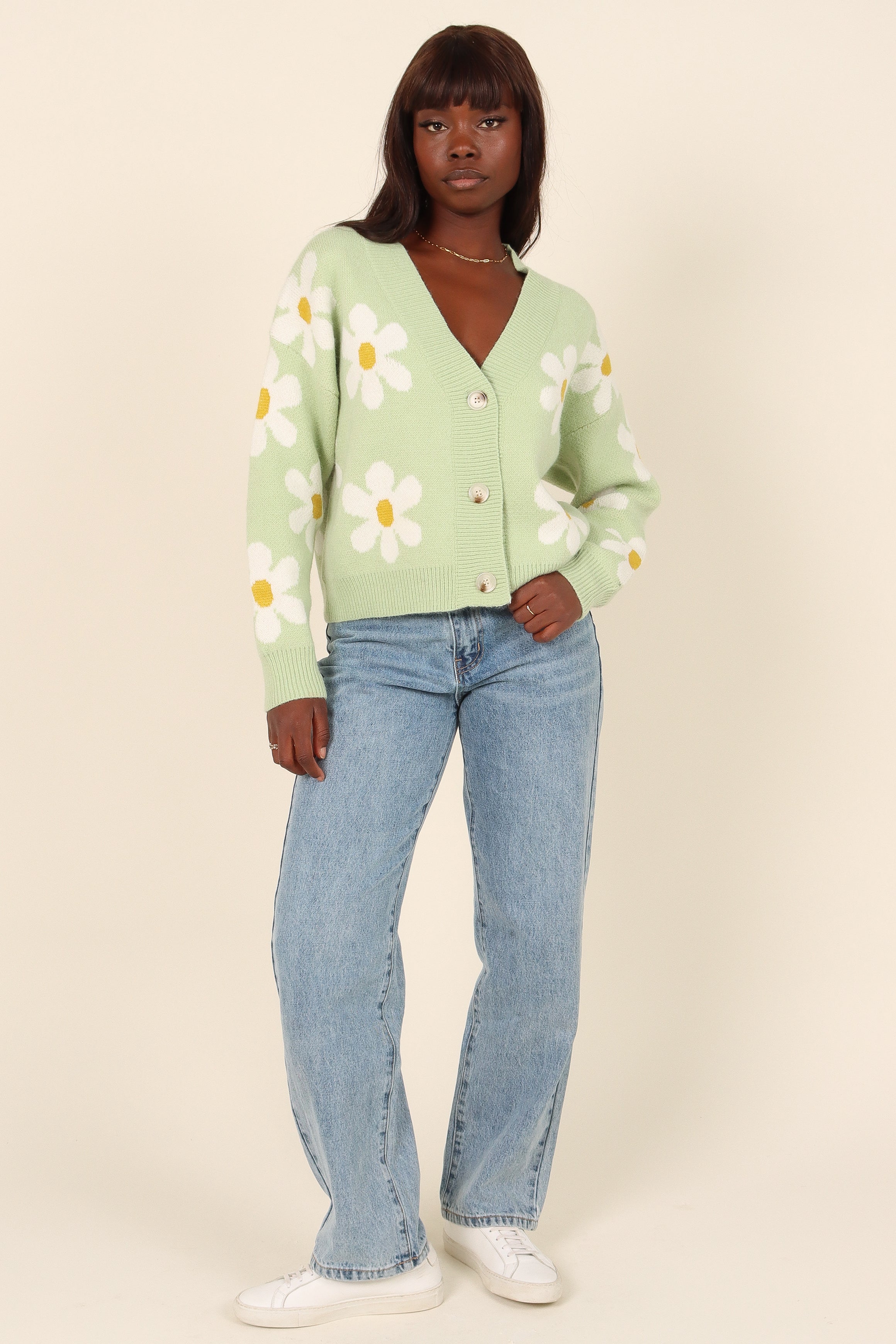 Green Cropped Daisy Print Cardigan - V-Neck Button Front