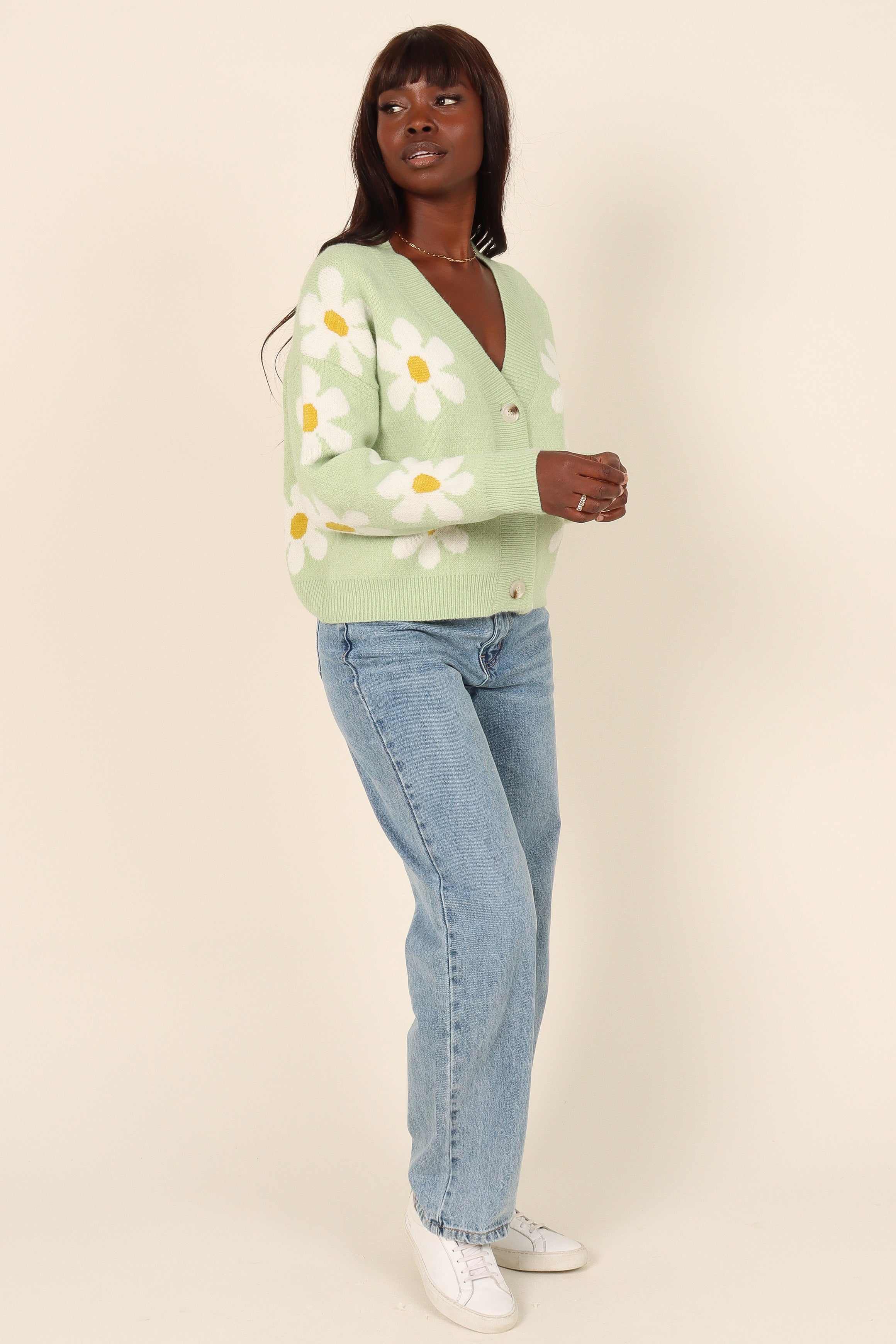 Green Cropped Daisy Print Cardigan - V-Neck Button Front