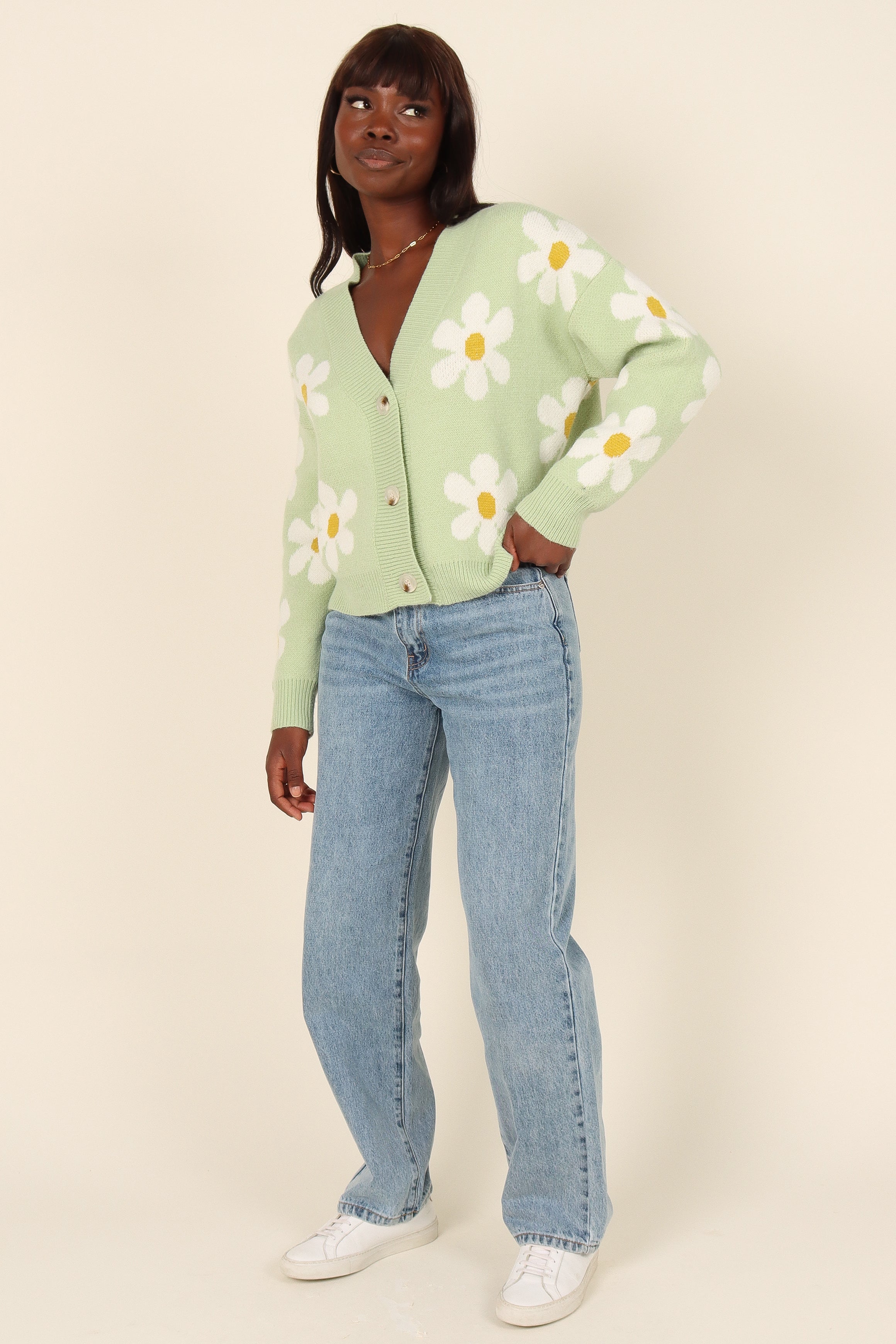 Green Cropped Daisy Print Cardigan - V-Neck Button Front