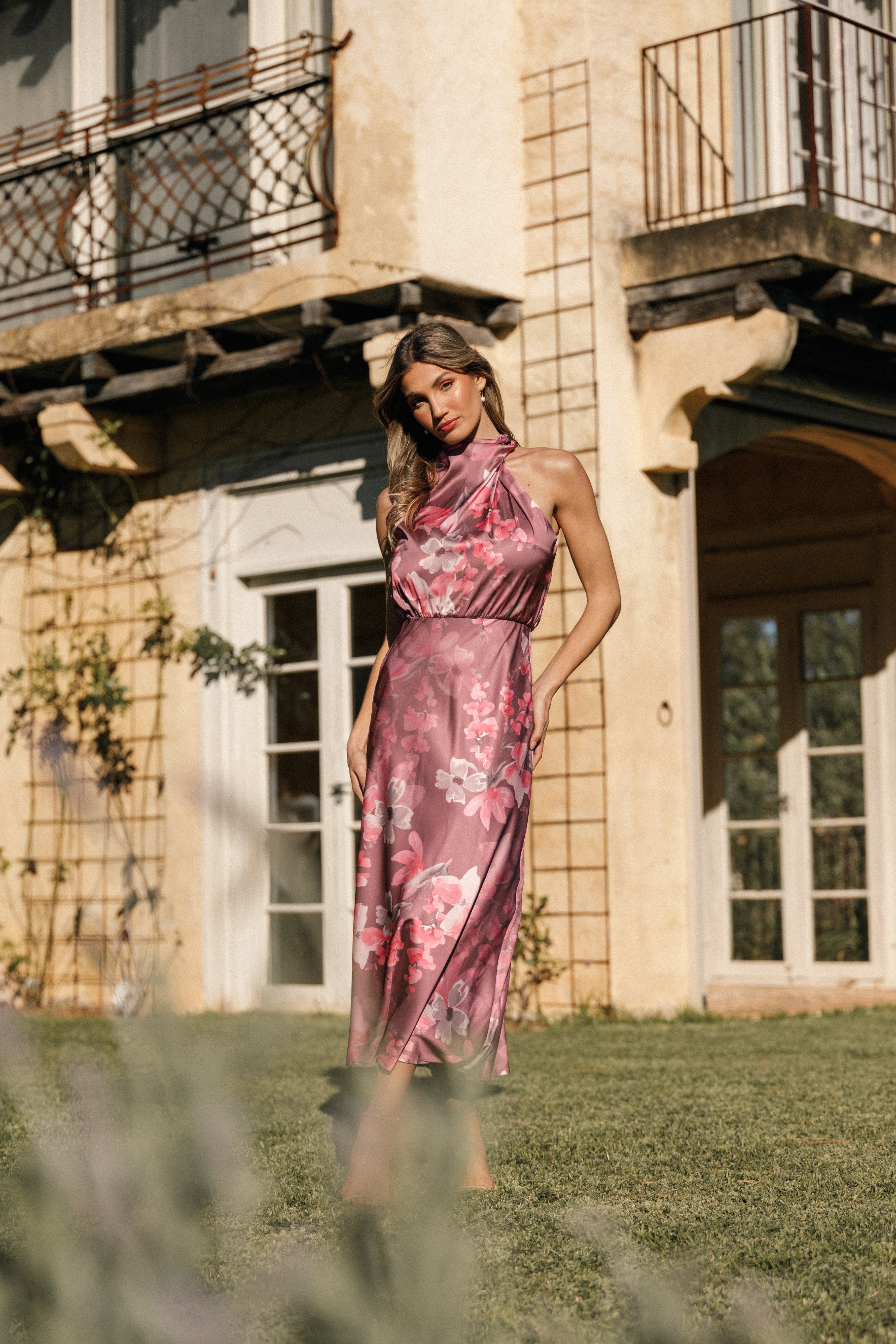 Anabelle Floral Halter Neck Midi Dress - Dark Rose Satin