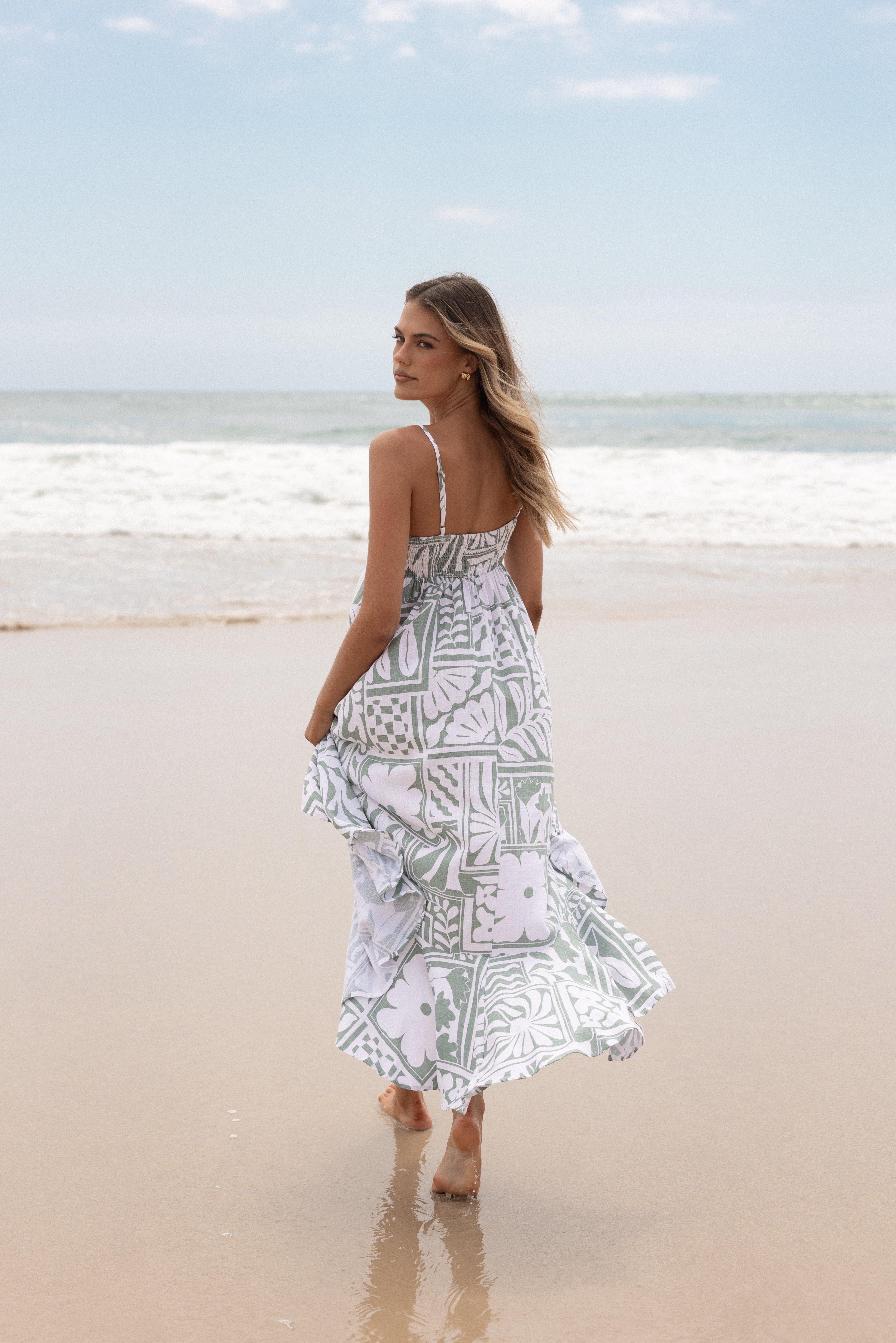 Floral Print Sage Midi Dress with Ruffle Hem & Adjustable Straps