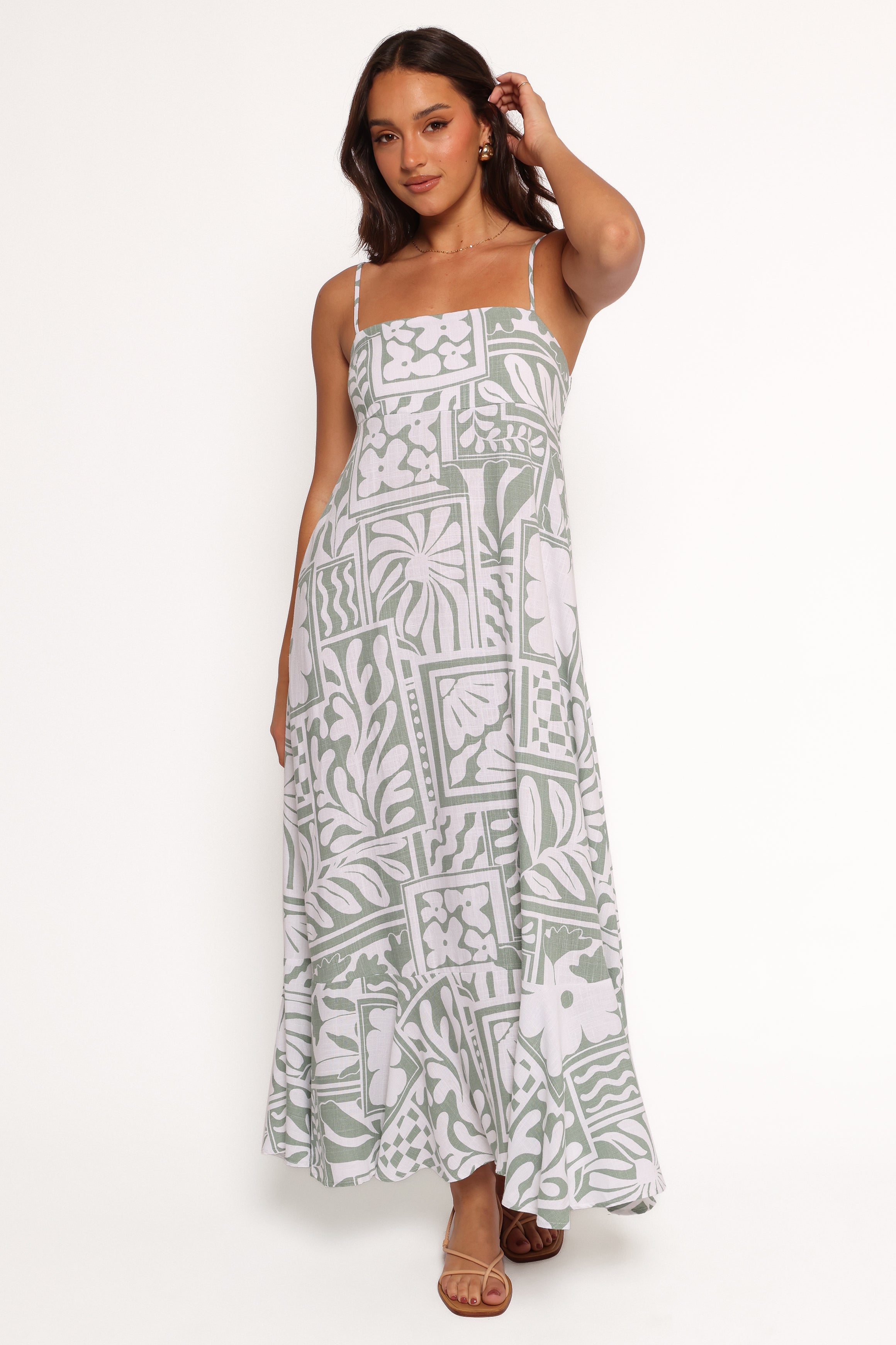 Floral Print Sage Midi Dress with Ruffle Hem & Adjustable Straps