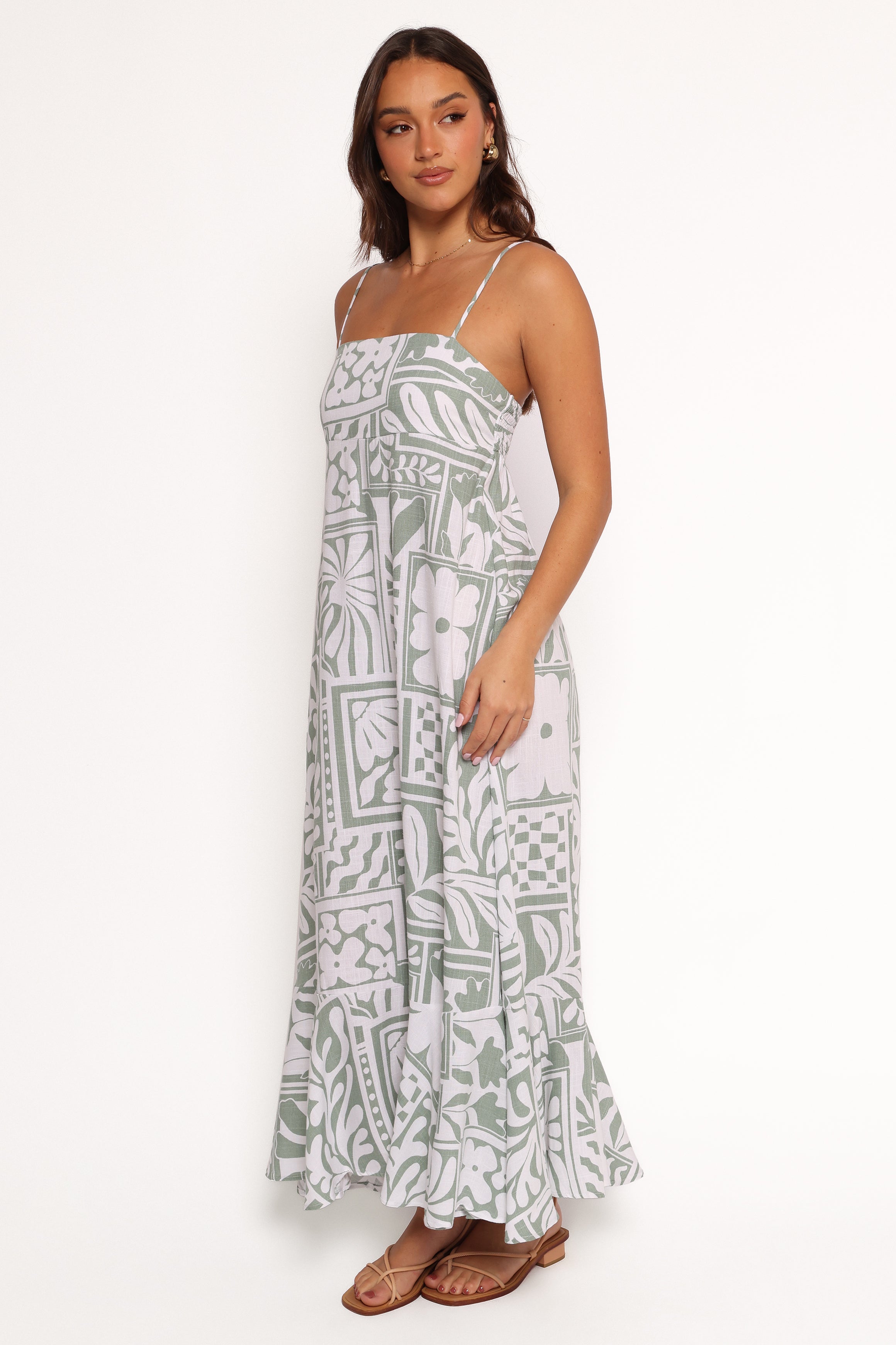 Floral Print Sage Midi Dress with Ruffle Hem & Adjustable Straps