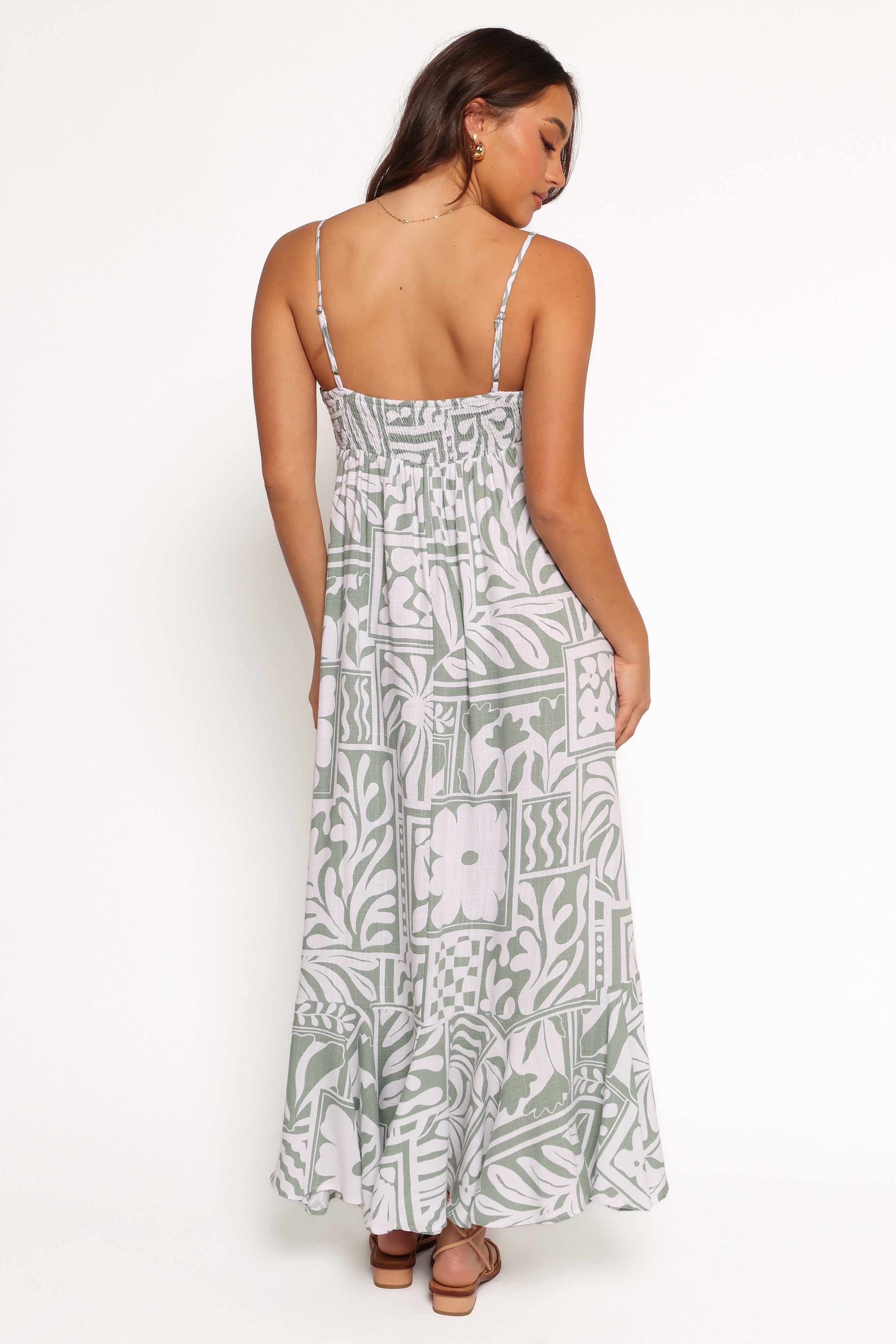 Floral Print Sage Midi Dress with Ruffle Hem & Adjustable Straps