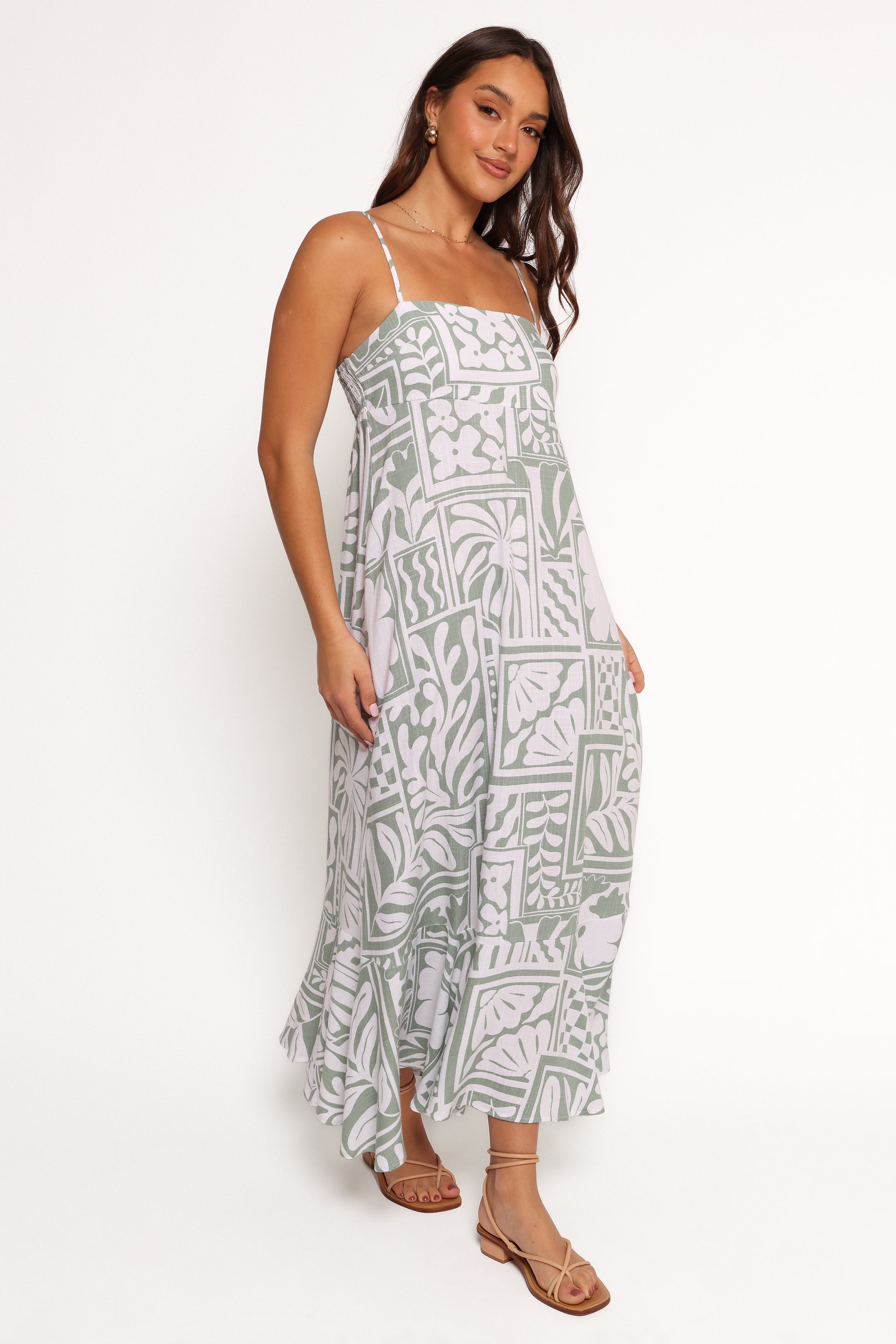 Floral Print Sage Midi Dress with Ruffle Hem & Adjustable Straps