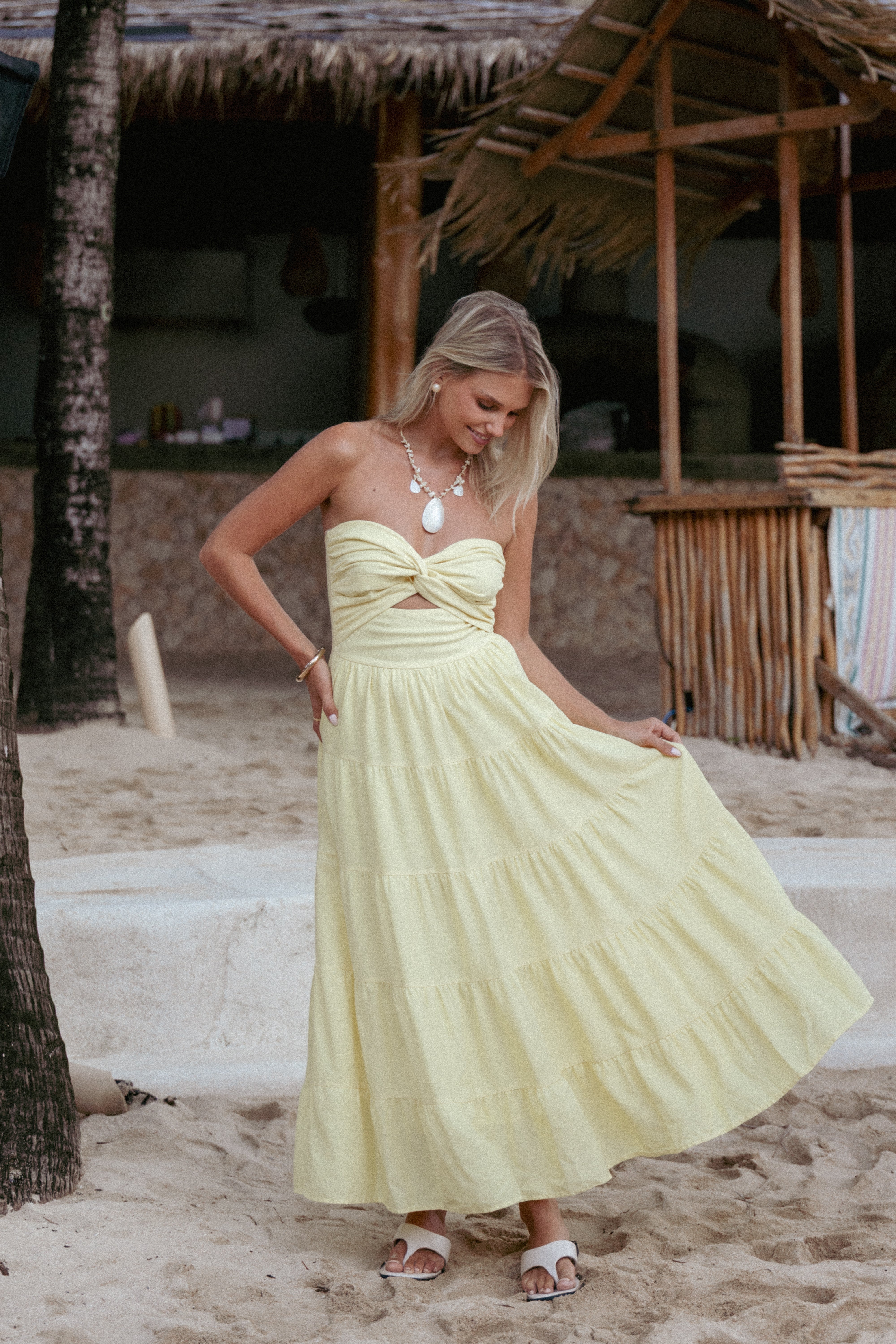 Sitara Yellow Strapless Midi Dress with Sweetheart Neckline