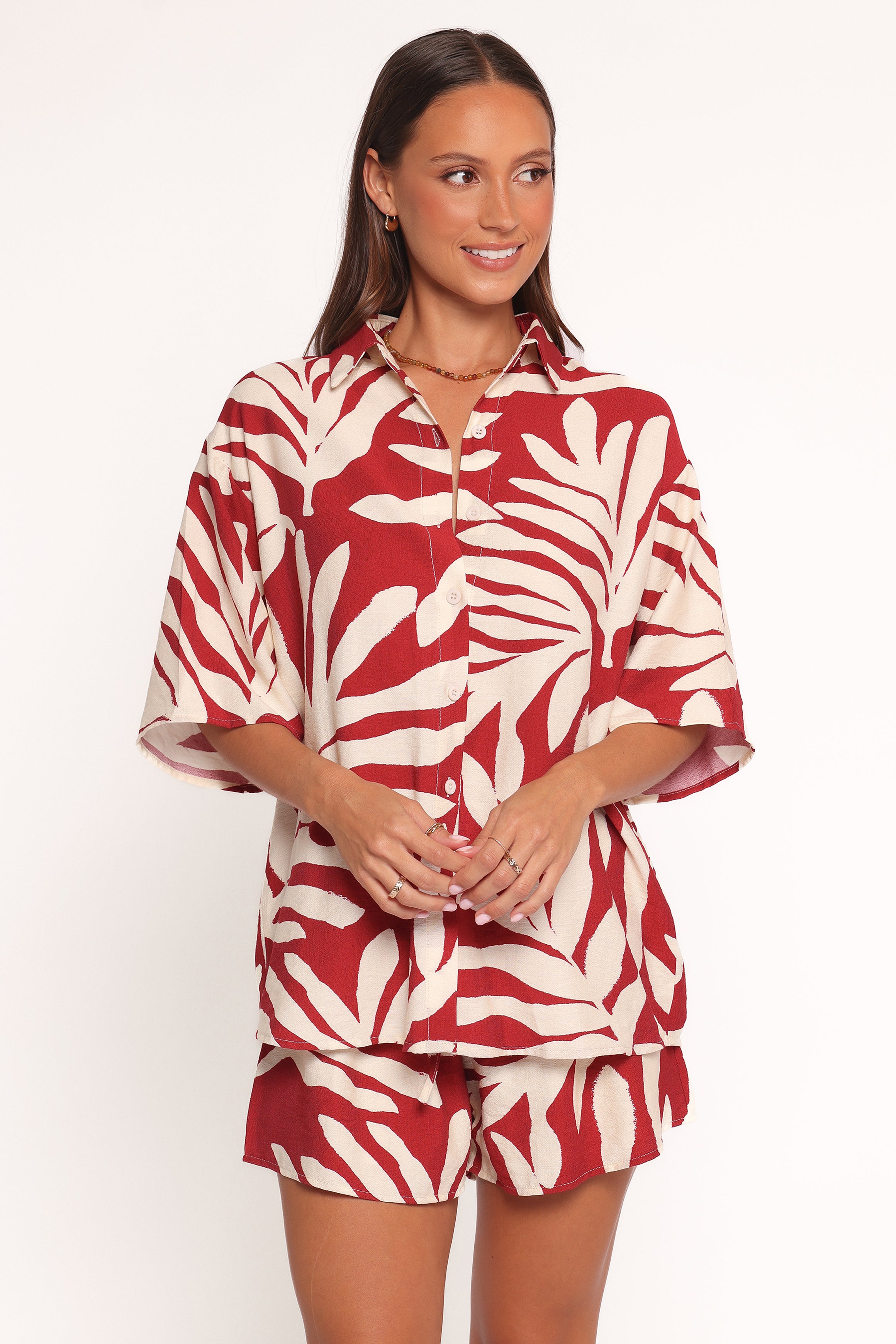 Women's Red Palm Print Lilo Short Set - Rayon Button-Up Top & High Waist Shorts