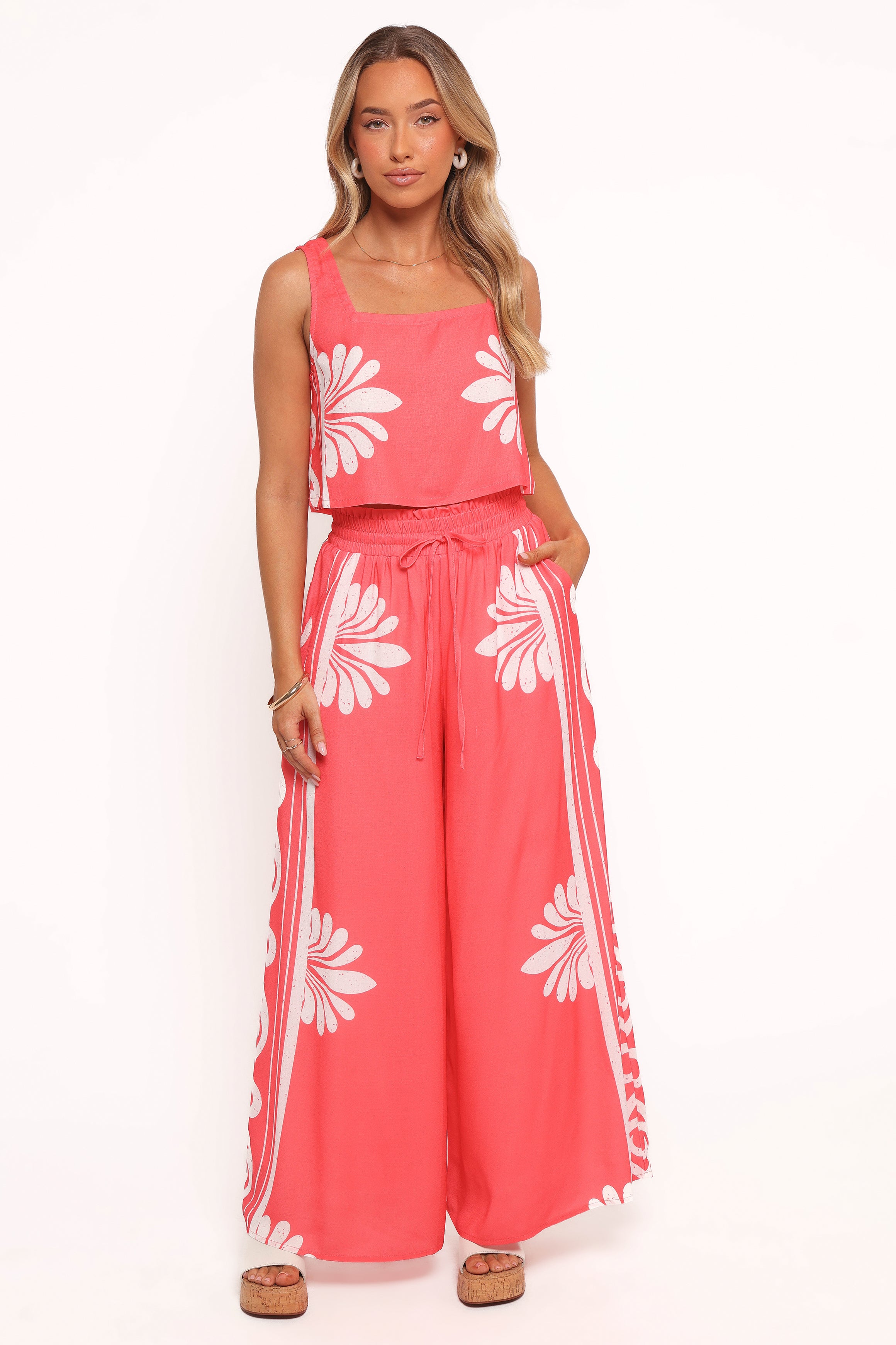 Coral Linen Blend Timothy Pant Set - Cropped Top & Wide Leg Pants