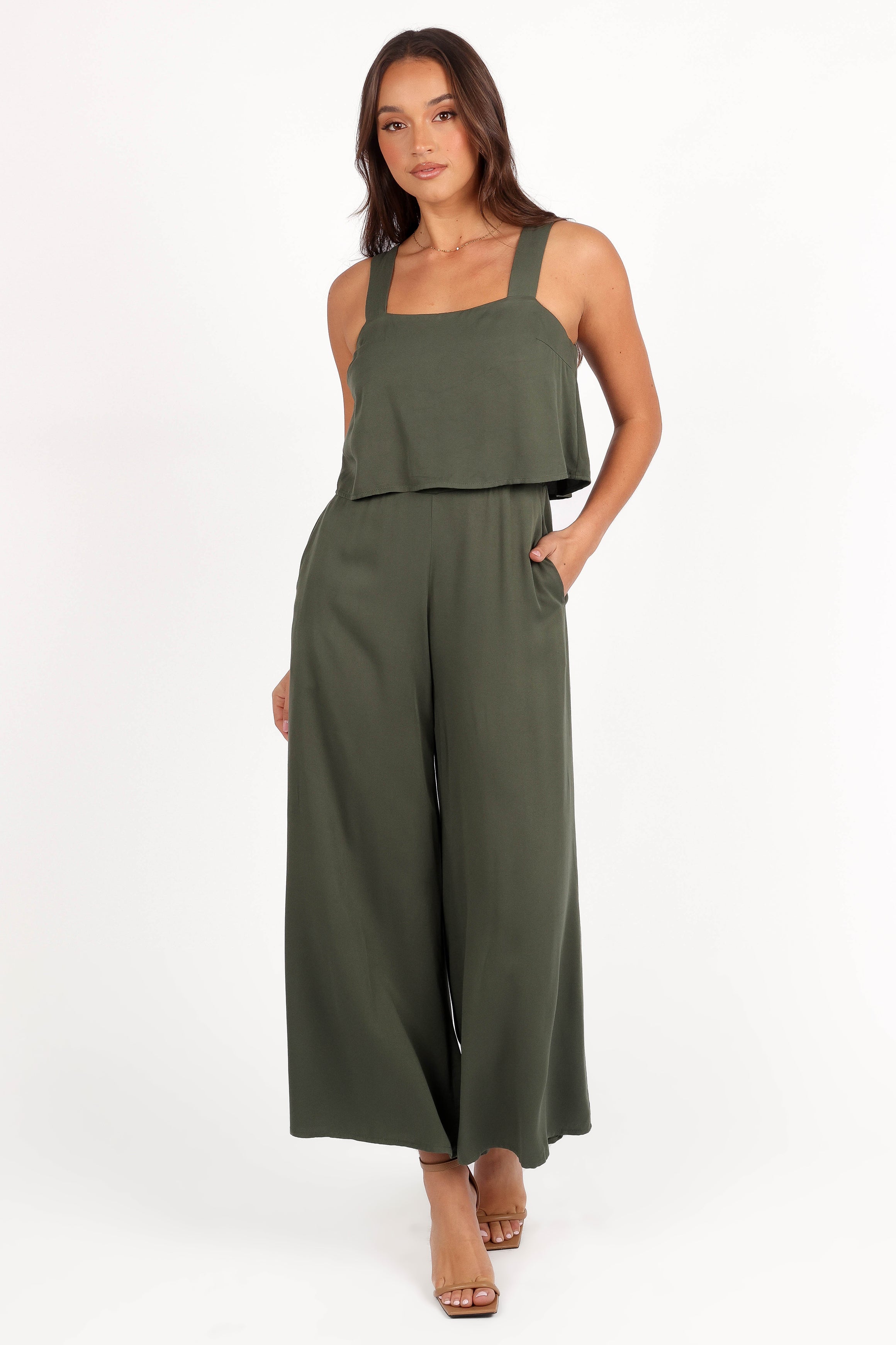 Delia Khaki Wide Leg Jumpsuit with Overlay Top & Pockets