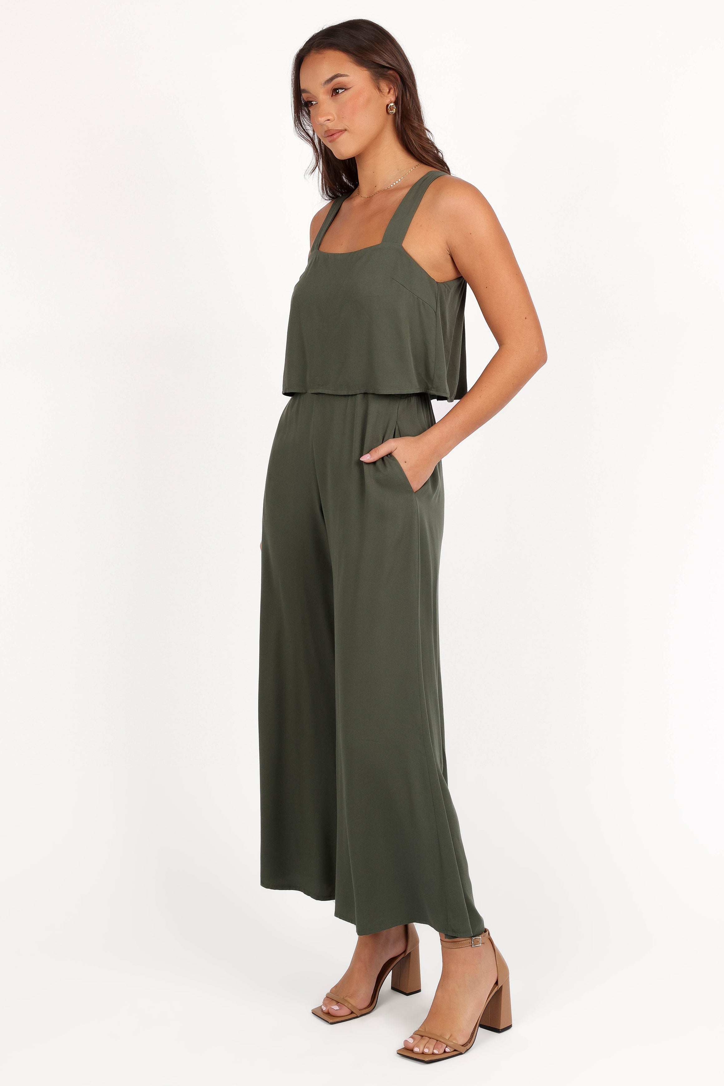 Delia Khaki Wide Leg Jumpsuit with Overlay Top & Pockets