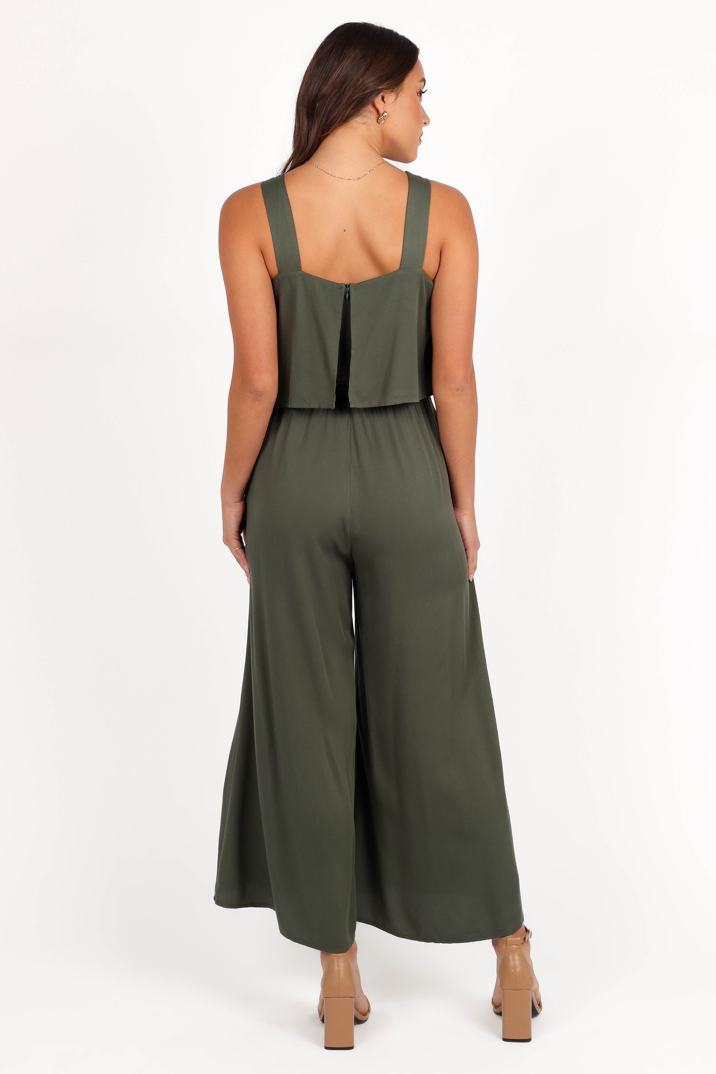 Delia Khaki Wide Leg Jumpsuit with Overlay Top & Pockets