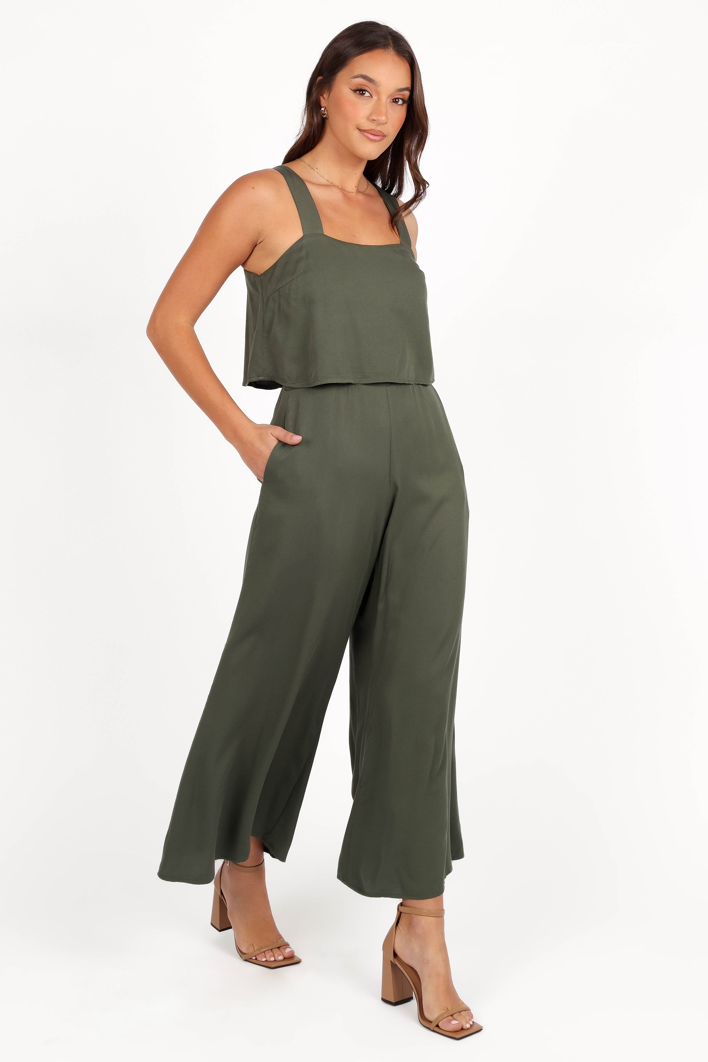 Delia Khaki Wide Leg Jumpsuit with Overlay Top & Pockets