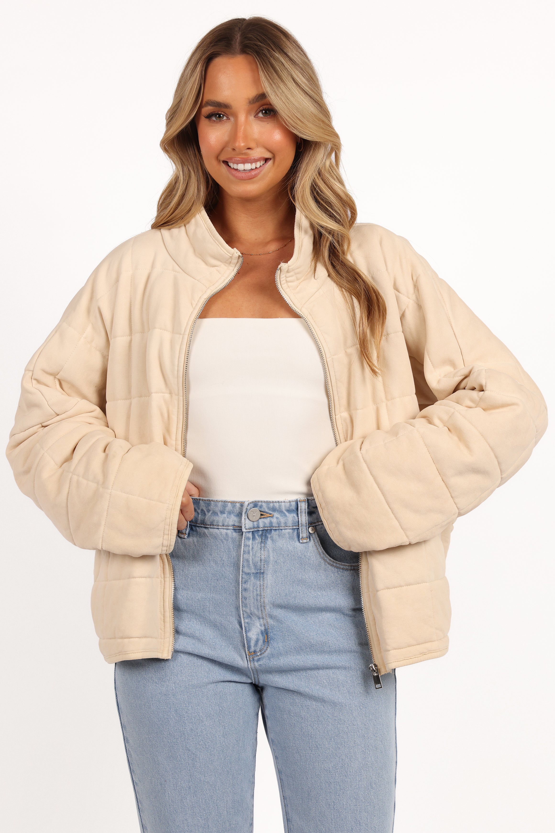 Cream Alegra Quilted Jacket - Cotton Blend Mock Neck Coat