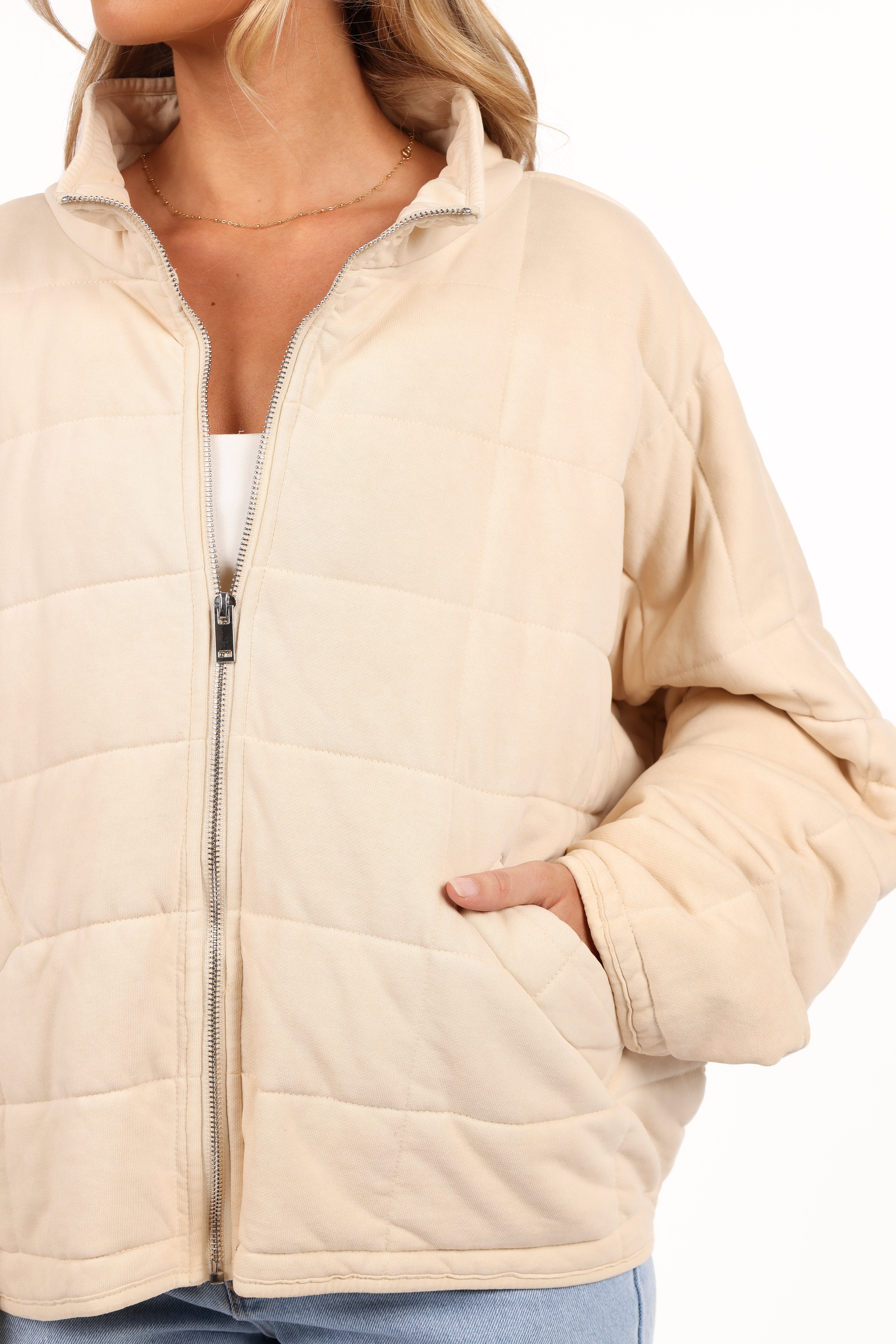 Cream Alegra Quilted Jacket - Cotton Blend Mock Neck Coat