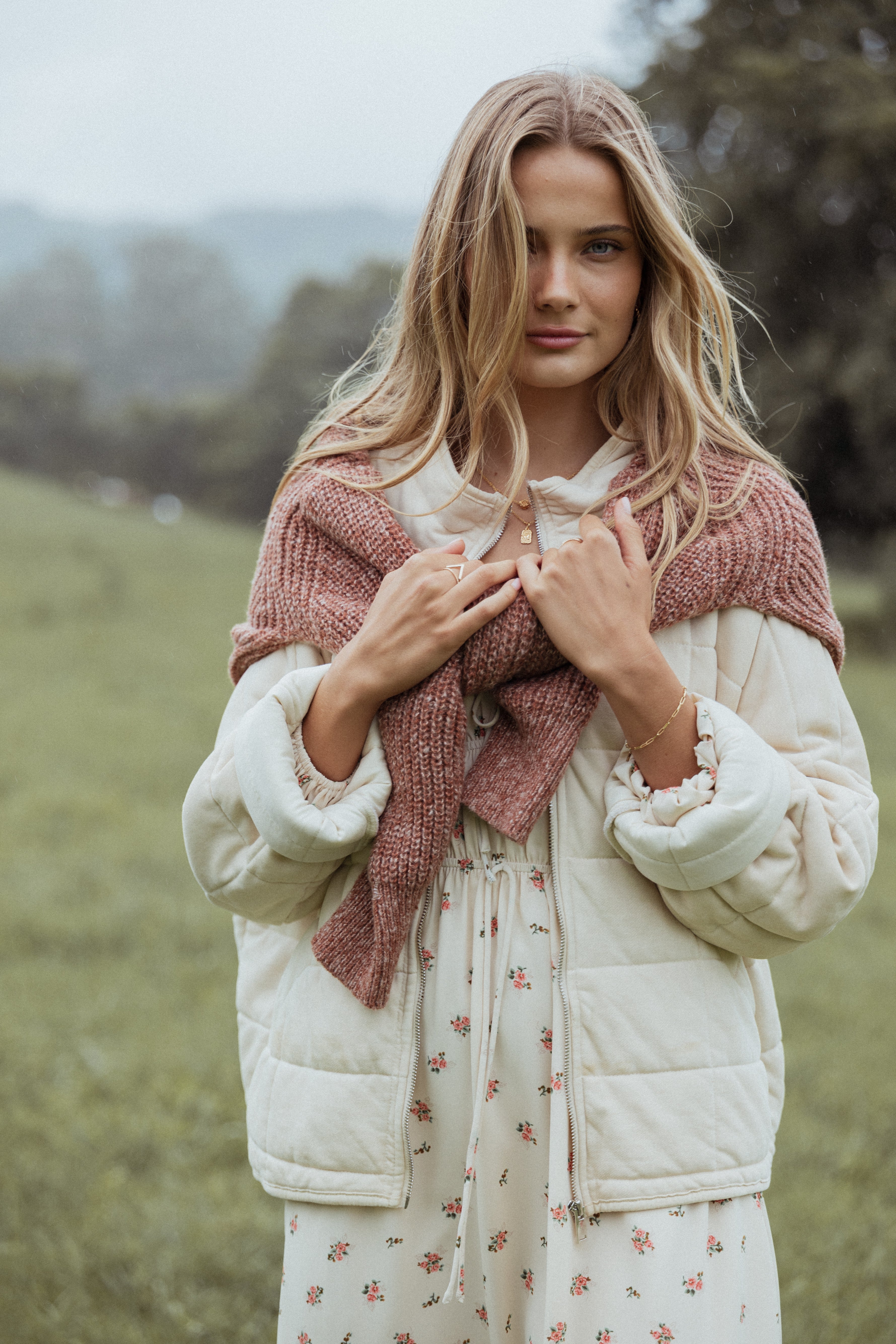 Cream Alegra Quilted Jacket - Cotton Blend Mock Neck Coat