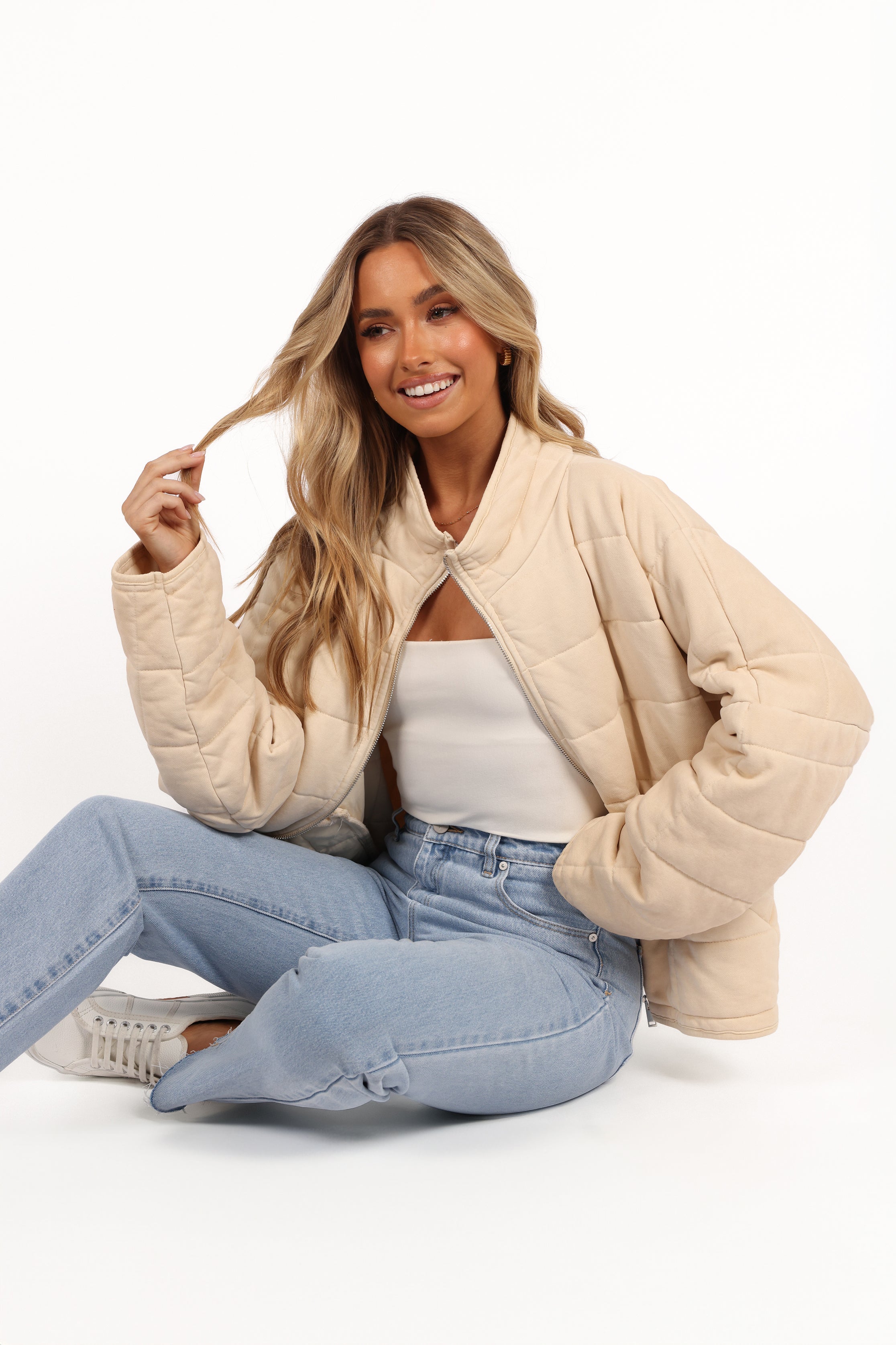 Cream Alegra Quilted Jacket - Cotton Blend Mock Neck Coat