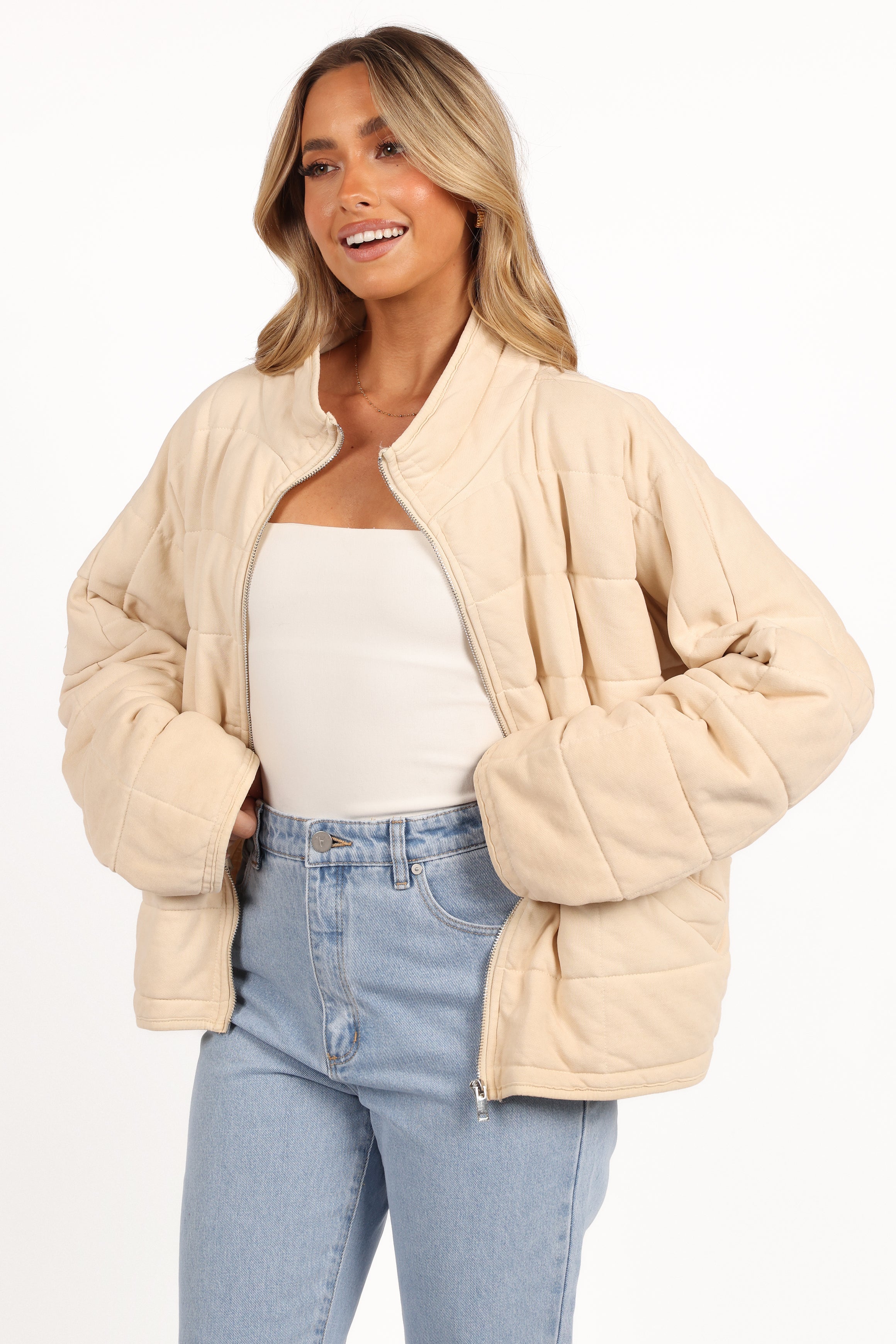 Cream Alegra Quilted Jacket - Cotton Blend Mock Neck Coat